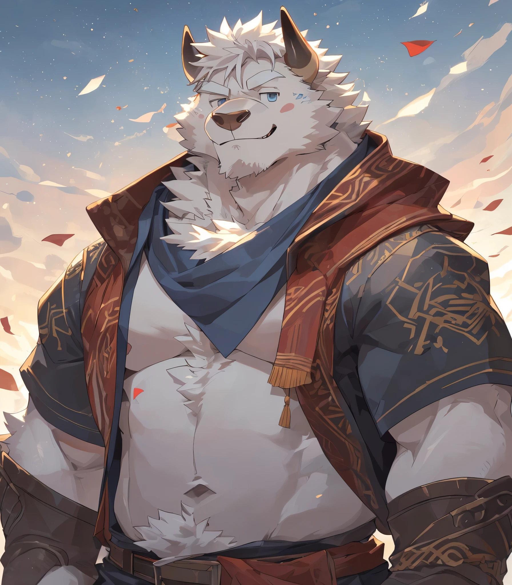 Humanity, Beast field, male, Solitary, ((round face, Very plump face)), ((endomorph body type, In the youth)), (Casual Wear)，Bookmarks hanging on scarves, ((domestic White-haired cattle, White-haired cattle) Fluffy fur, Fluffy), Simple background，(Perfect light gray-blue eyes)，Simple background，White background, (high quality, Resolution, masterpiece), (Dynamic Lighting), (Cheerful smile, (In the blink of an eye)), Single standing painting,((full-body shot))，cartoon, White hair，author：Takemoto Arashi, Through Chun Ni, By Empty Ghost,Bright and soft colors