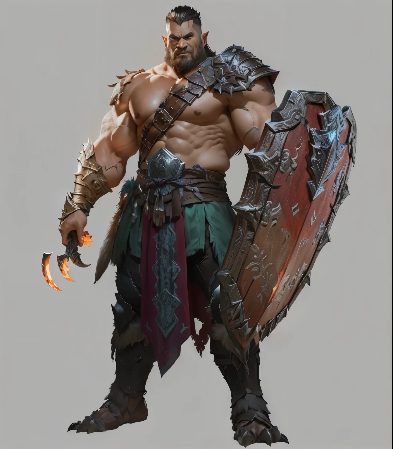 Close-up of a man holding a shield, dnd giant character concept, barbarian class, Warrior concept art, Diablo concept art, role playing game (RPG) concept art character, Hero fantasy character concept, , orc warrior, Orc concept, role playing game角色概念艺术, Diablo digital concept art, Detailed full body concept art, male barbarian，Claw，Bestial feet，deformity