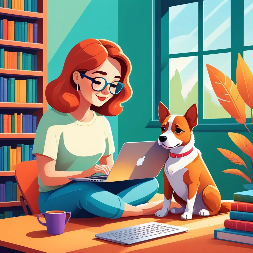 A woman and a cute dog working on a laptop in a peaceful library, colorful cartoon style, high-resolution vector, in the style of simplified and stylized illustrations.