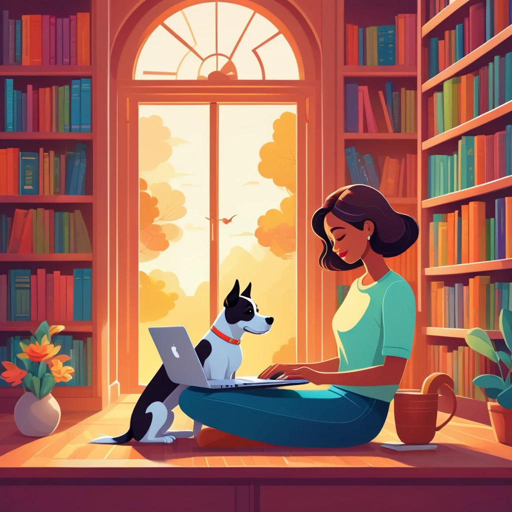 A woman and a cute dog working on a laptop in a peaceful library, colorful cartoon style, high-resolution vector, in the style of simplified and stylized illustrations.