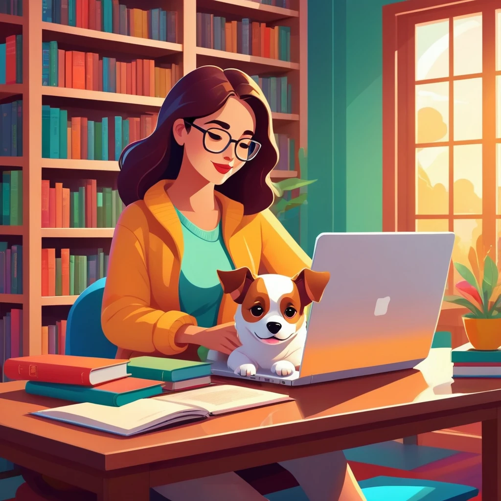 A woman and a cute dog working on a laptop in a peaceful library, colorful cartoon style, high-resolution vector, in the style of simplified and stylized illustrations.
