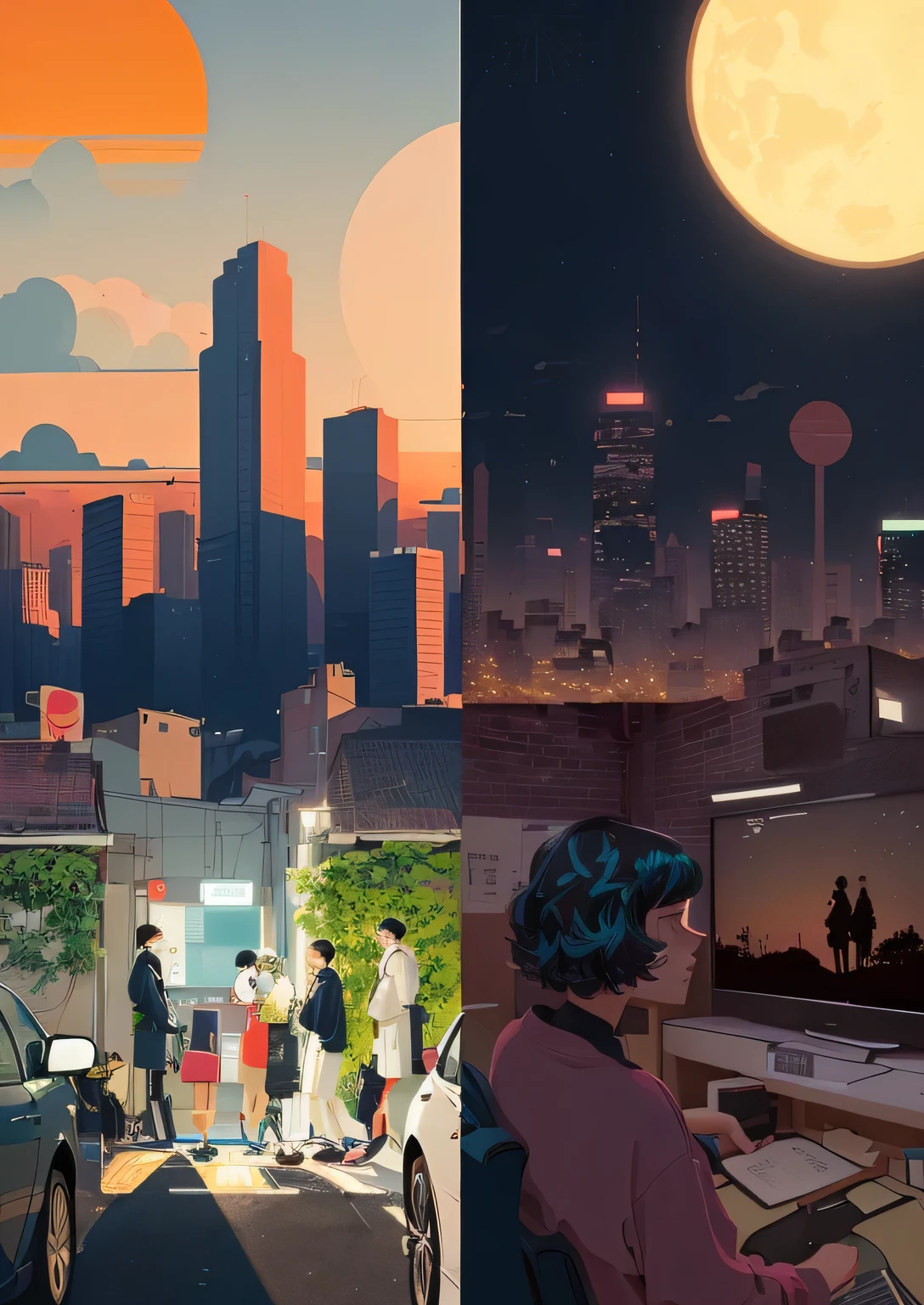 A poster divided into two parts. On the left is a car of people going to work in the morning. ,On the right is a person watching TV at home with his family at night, lo-fi Illustration style, With Artest Guerin (atey ghailan) style, Inspired by Artie Guerin, Detailed 2D illustrations, Illustration style, lofi artstyle, animated illustration style, 4k hd wallpaper illustration, 8k cartoon illustration, 4k hd illustration wallpaper
