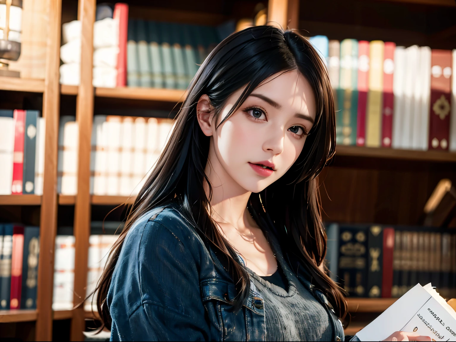 There is a woman holding a book in her hands, she has breasts, 2 7 years old, 2 9 years old, 28 years old, 30 year old woman, 30 year old woman, Tsk tsk, Fat Chan, 3 2 years old, 22 years old, Angela White, 23 years old, 21 years old, View bust