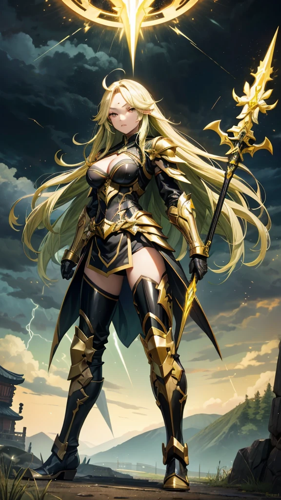 Beauty with green long hair ，Golden forehead protector，Japanese lightning totem black armor，cleavage，Bare Legs，iron boots，spear，Standing，dark clouds thunder and lightning