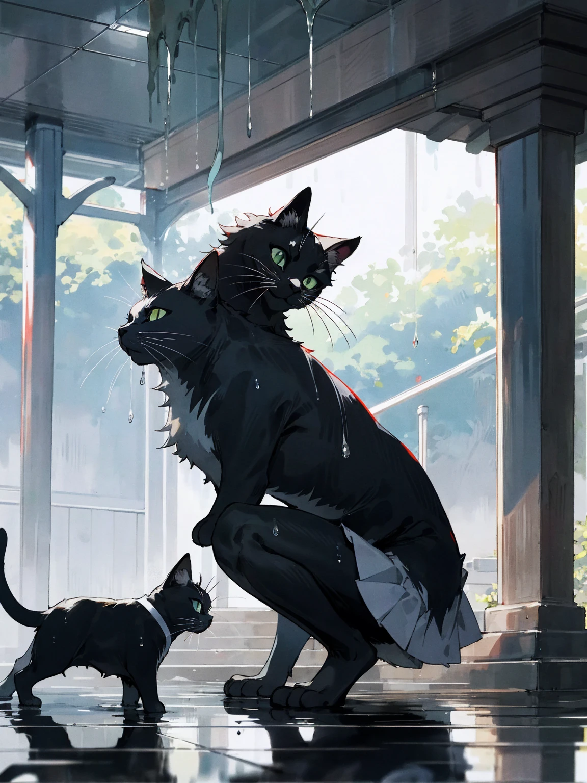 JK, skirt ,Ultra Clear, Super Clear, Real, Half Squat, Wet day, Wetびしょ, Wet, Woman and black cat