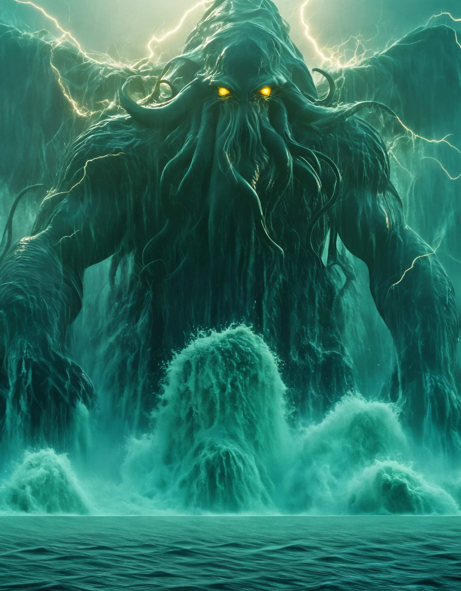 masterpiece， Super cool magical creatures, （cthulhu)，roar, Violent and cruel， tall and might, Fighting in sea， thunder storm， light and shadow, Glowing special effectinimalist style， mist，（full body portrait:1.4），European and American fantasy style， Perfect，，highlight， bright colorful shades， Ink background， octane renderer， best picture quality ，high resolution， dynamic perspective