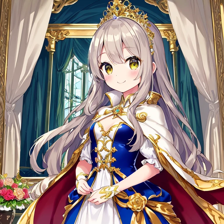 looking at viewer,(kawaii),(best quality),(ultra detailed), upper body,(rococo style),(long train pastel yellow cape:1.15), very long cape,(long train white ball gown with flower decorations:1.1), a girl is wearing a cape over her gown, 1 little princess, tiara, smile, very long hair, small breasts