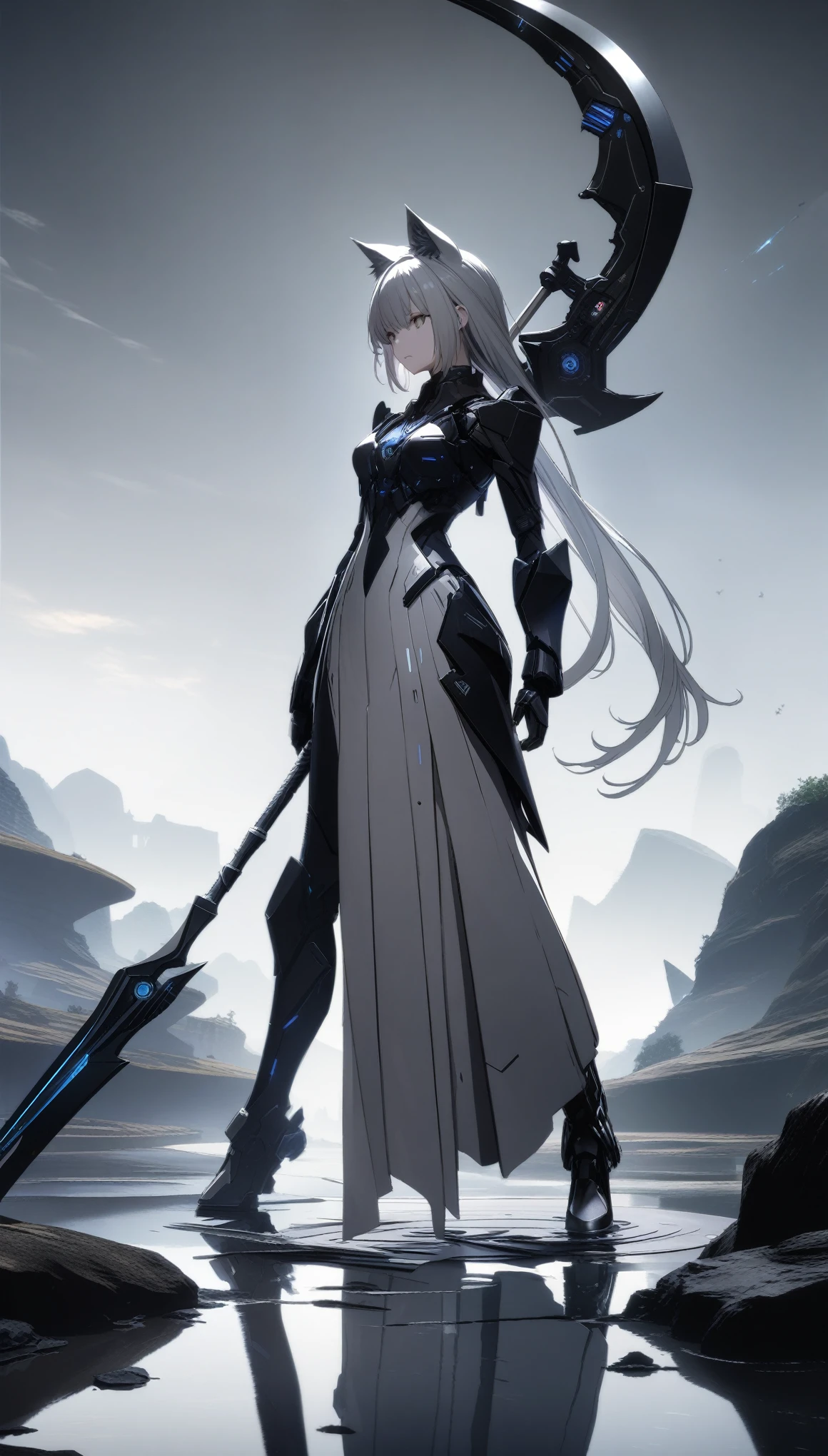 32k, best quality, ultra high res, HDR, UHD, extremely detailed CG, unity 32k wallpaper, A dark, futuristic, silhouetted figure of a girl with cat ears and a long, flowing coat, holding a massive scythe with a mechanical cat integrated into the blade, standing on a reflective surface with a minimalist, light gray background. --ar 4:3 --stylize 600 --niji 6,