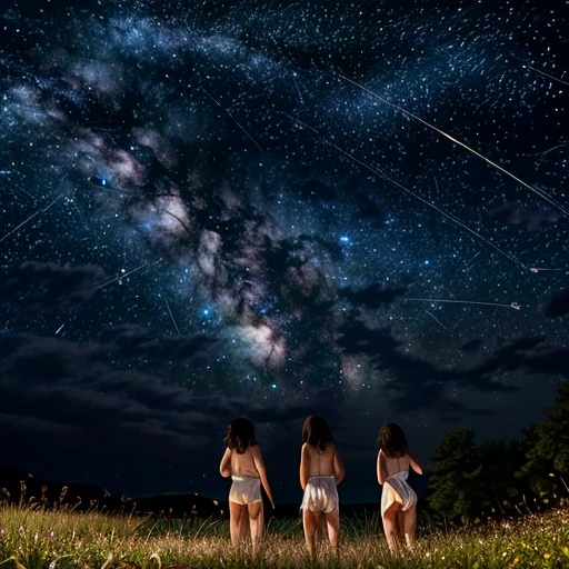 1girl, distant girl wearing a Fundoshi staring at the stars, (zoomed out:1.3), (meteor shower:1.2), (comet:1.1), your name, low angle, from behind, aroura borealis, shooting star, cherry blossoms, standing in a field,best quality, masterpiece,  cloud,colorful, starry,stars,