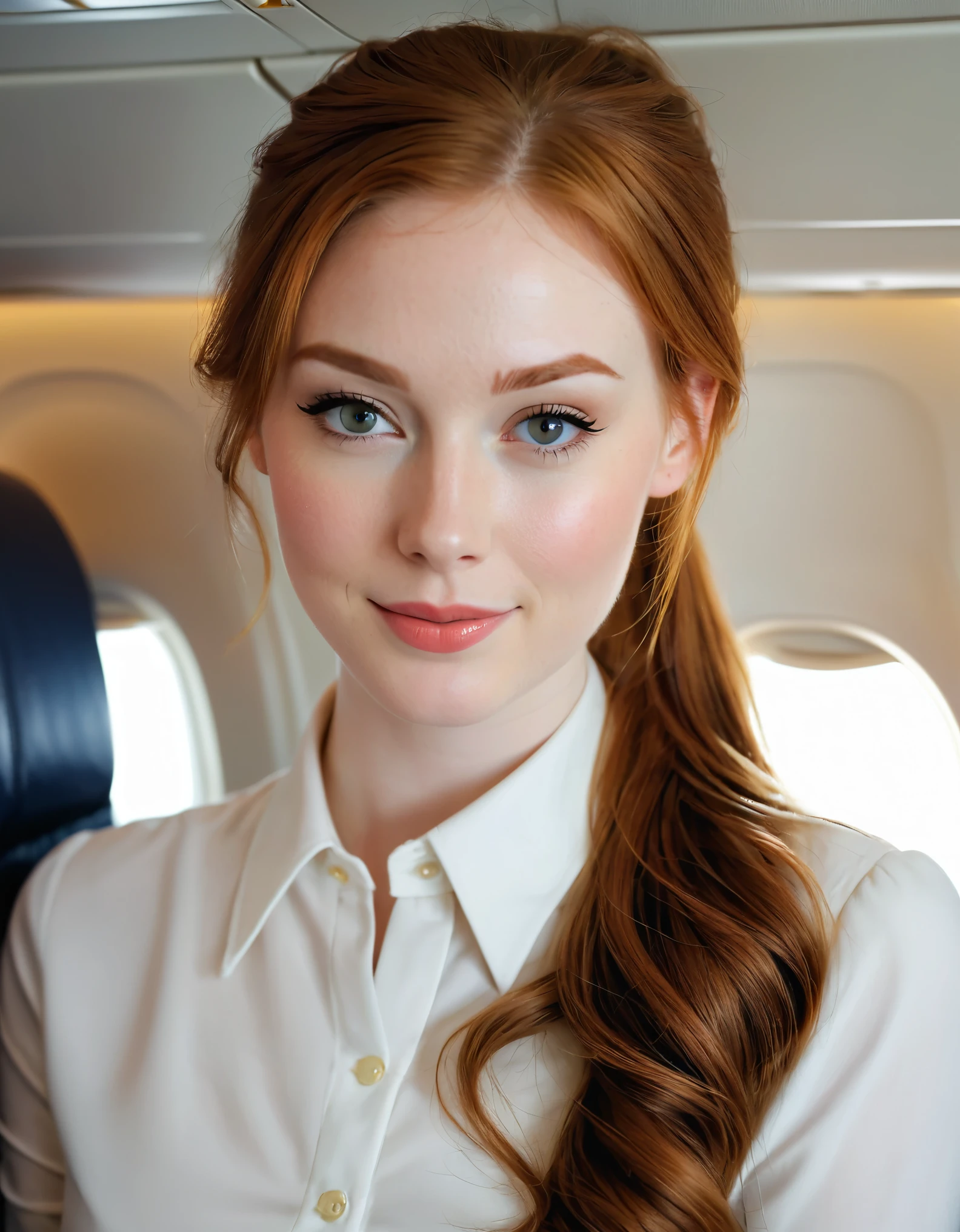 photography half body portrait of very beautiful realistic girl, sitting on a first class airplane cabin, wear office dress, porcelain skin, very fair skin, very pale skin, redhead, wavy, ponytail, hazel eyes, slanted eyes, small nose, small nostril, curved eyebrow, thick bottom lip, seductive gaze, happy face, unique face, detail photo, realistic photo, master piece picture, sharp picture