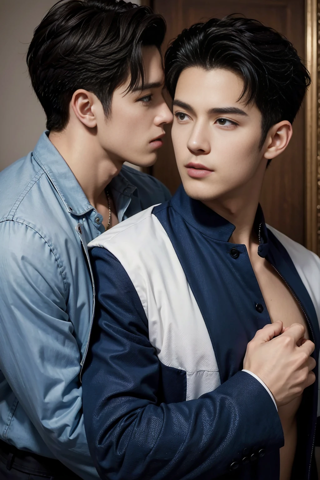 ((masterpiece)),((best quality)),8K,High Detail,Very detailed, Very manly,2 men, like,fashion pose, Real skin texture, Light,
Royal blue style couple