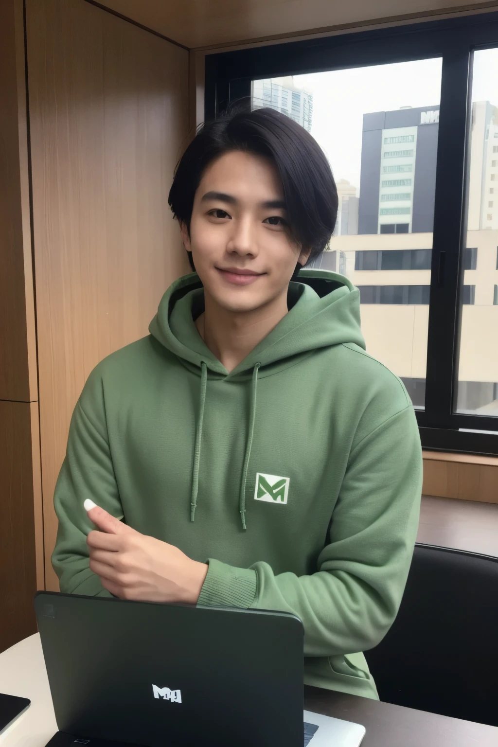 ((highest quality)), ((masterpiece)), male, The outfit is a green hoodie,UMC logo on the chest of the outfit,laptop in hand,smile,Japanese