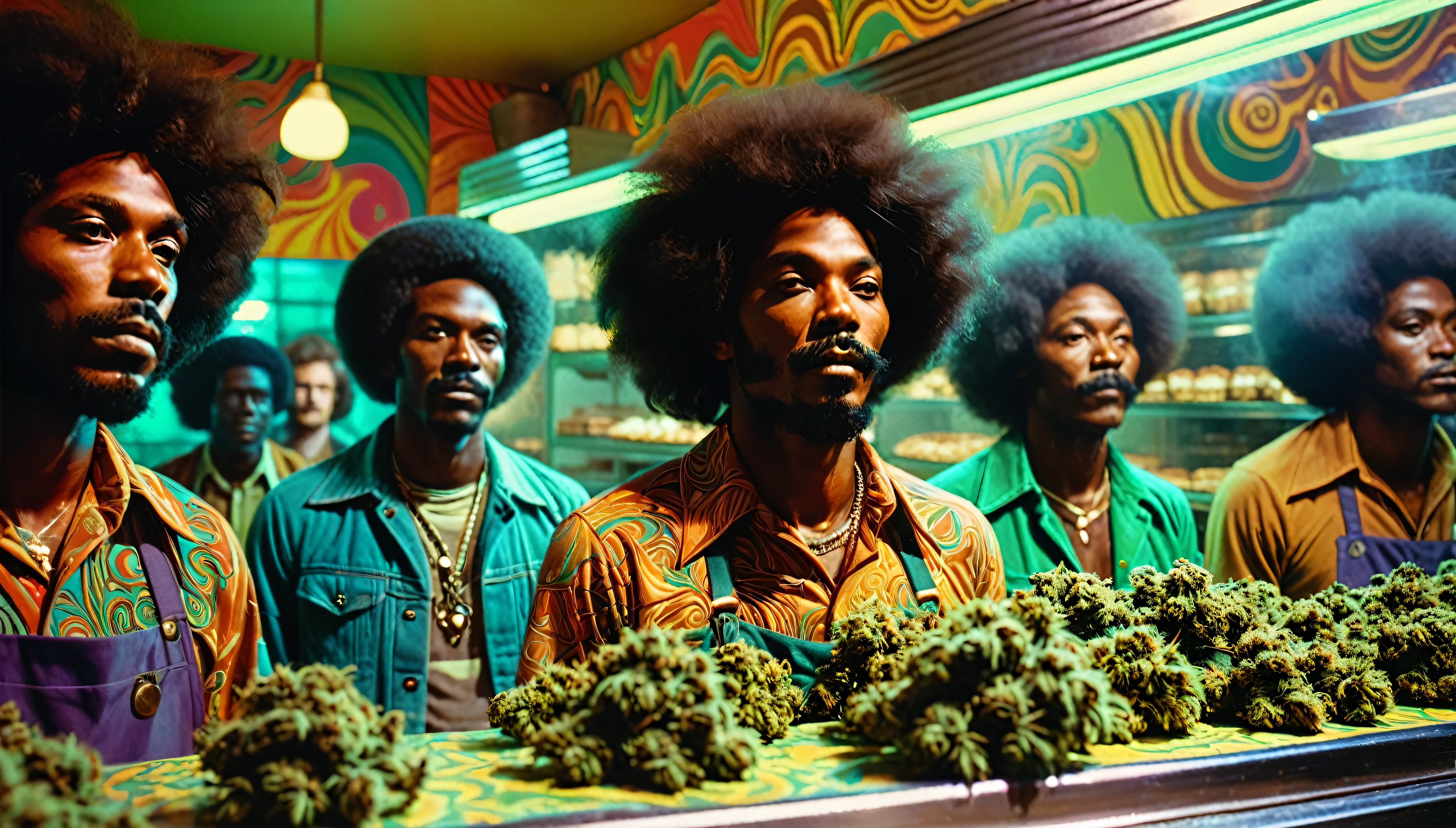 1970s psychedelic marijuana bakery, African-American people, 35mm, atmospheric perspective, depth of field, cinematic lighting, reflection light, backlighting, masterpiece, anatomically correct, textured skin, super detail