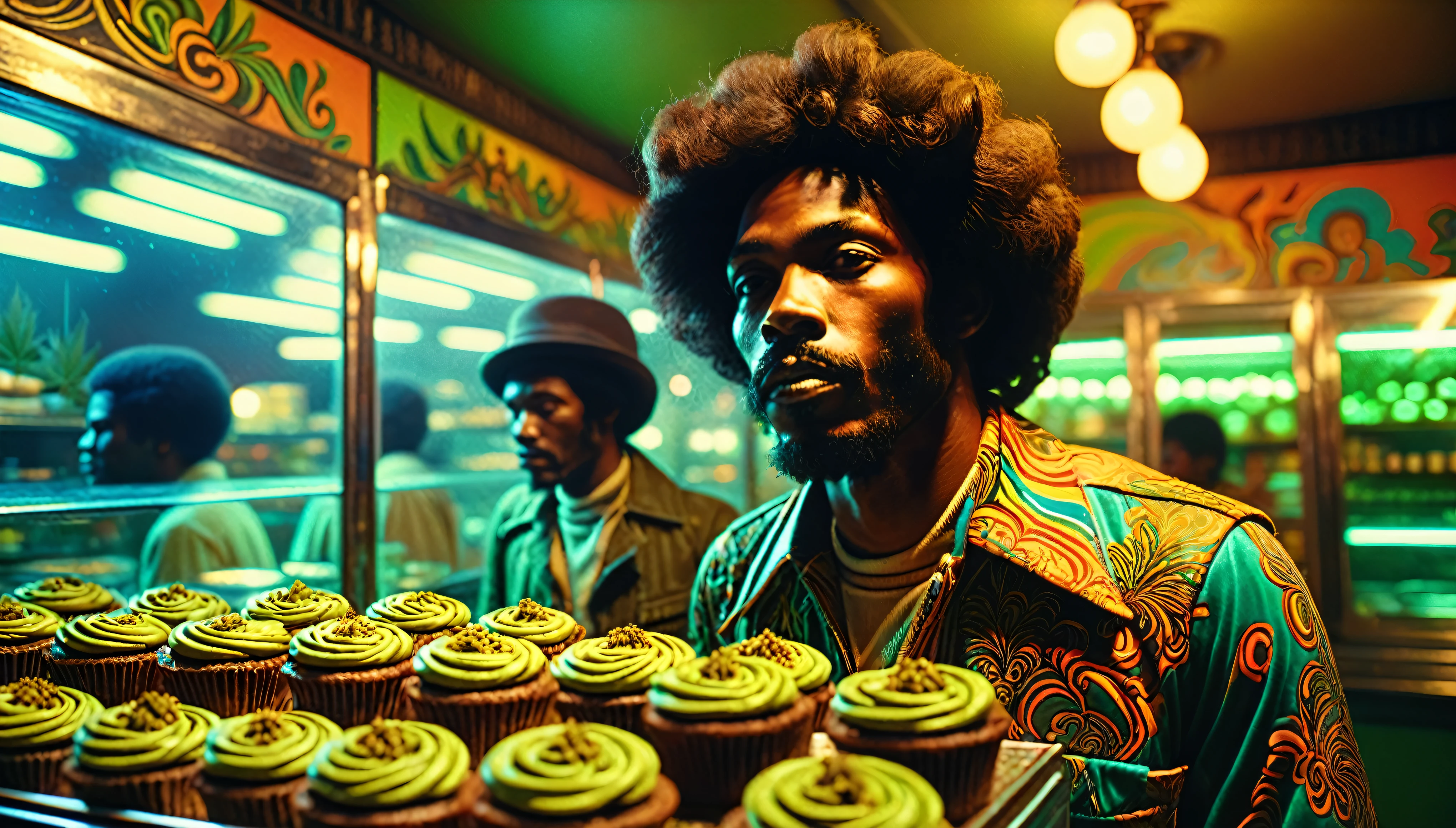 1970s psychedelic marijuana bakery, African-American people, 35mm, atmospheric perspective, depth of field, cinematic lighting, reflection light, backlighting, masterpiece, anatomically correct, textured skin, super detail