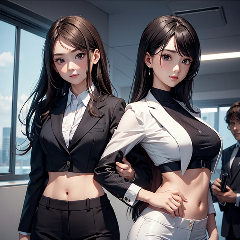 three sexy women in businesswomen outfits, looking at camera, seductive smiles, close up faces portrait, view from below
