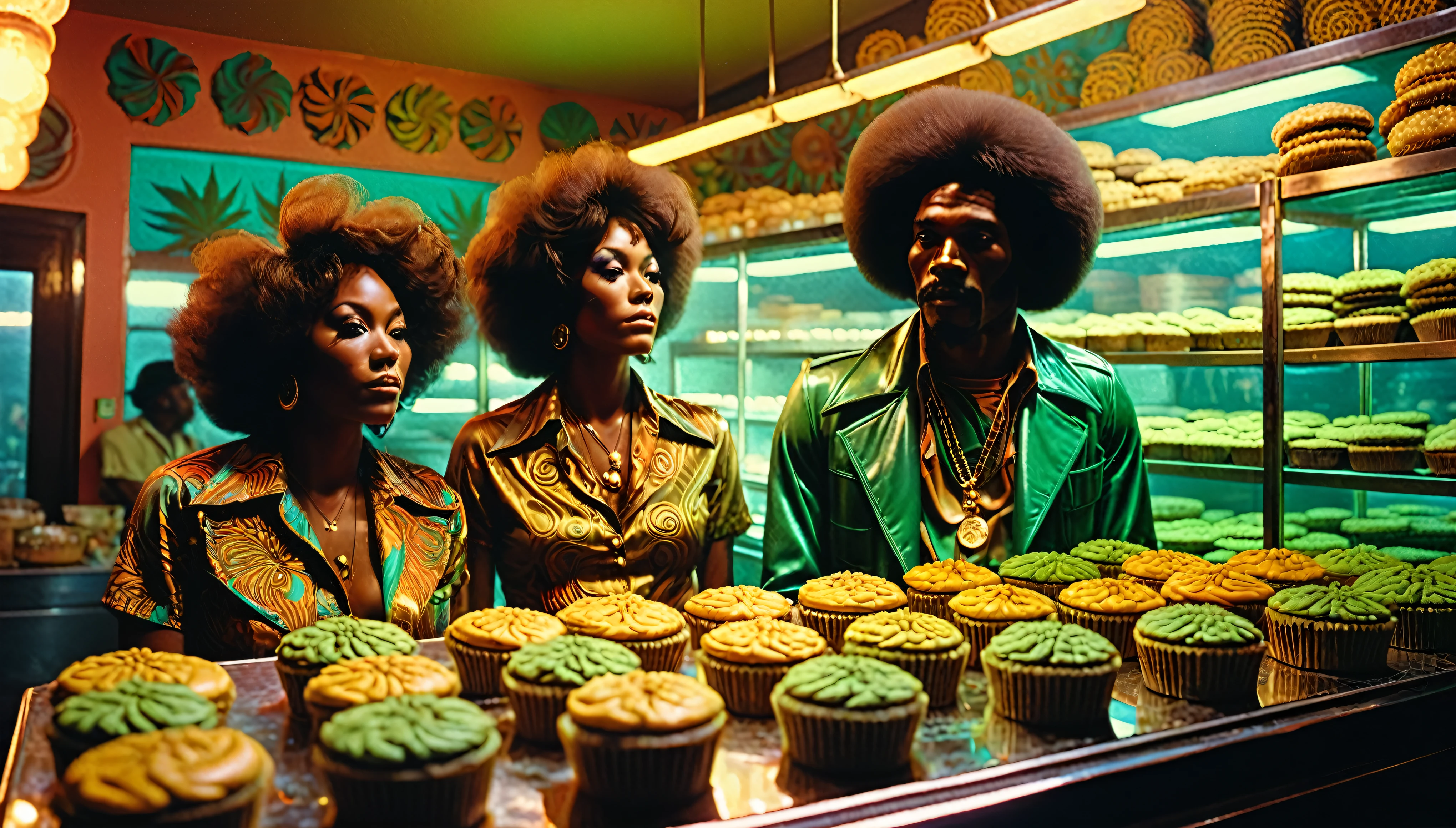 1970s psychedelic marijuana bakery, African-American people, 35mm, atmospheric perspective, depth of field, cinematic lighting, reflection light, backlighting, masterpiece, anatomically correct, textured skin, super detail