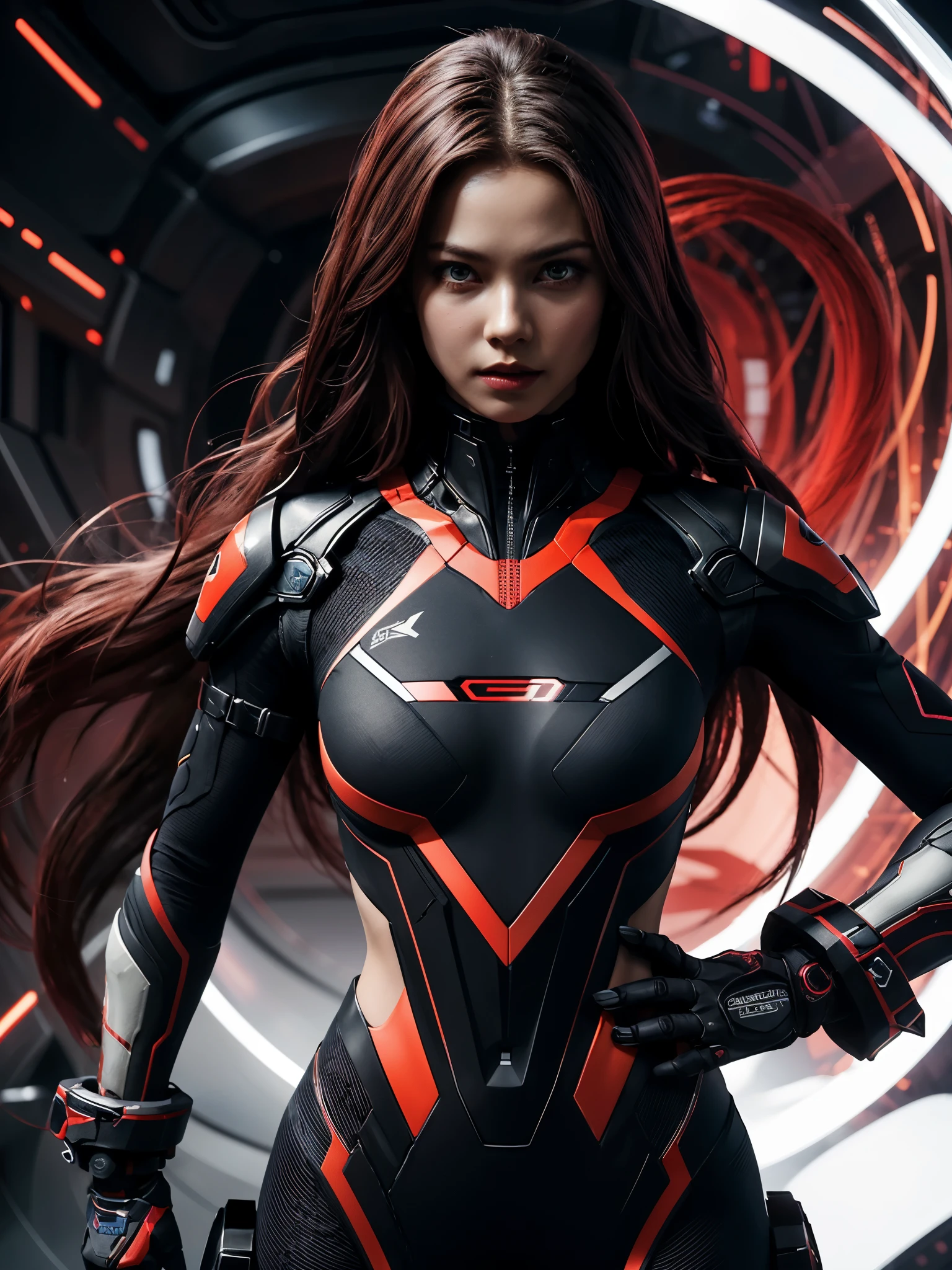 1girl, transgressor commander suit, detailed face, very long hair, red and black abstract art, exuding power and greed, 