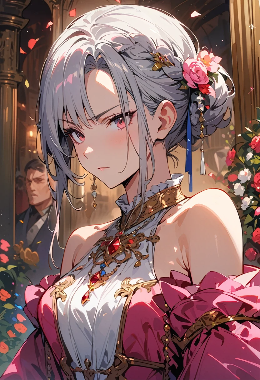 Miss, Serious, elegant, Pink skirt, Noble, Silver, Long nails, Bare shoulders, hairstyle, hair, Braids and Ponytails, messy, arrogant, absurd, Elaborate dress, Royal Family, celebration, Hall decorated with flowers, portrait, (best quality), (masterpiece), (Very detailed), (4k)