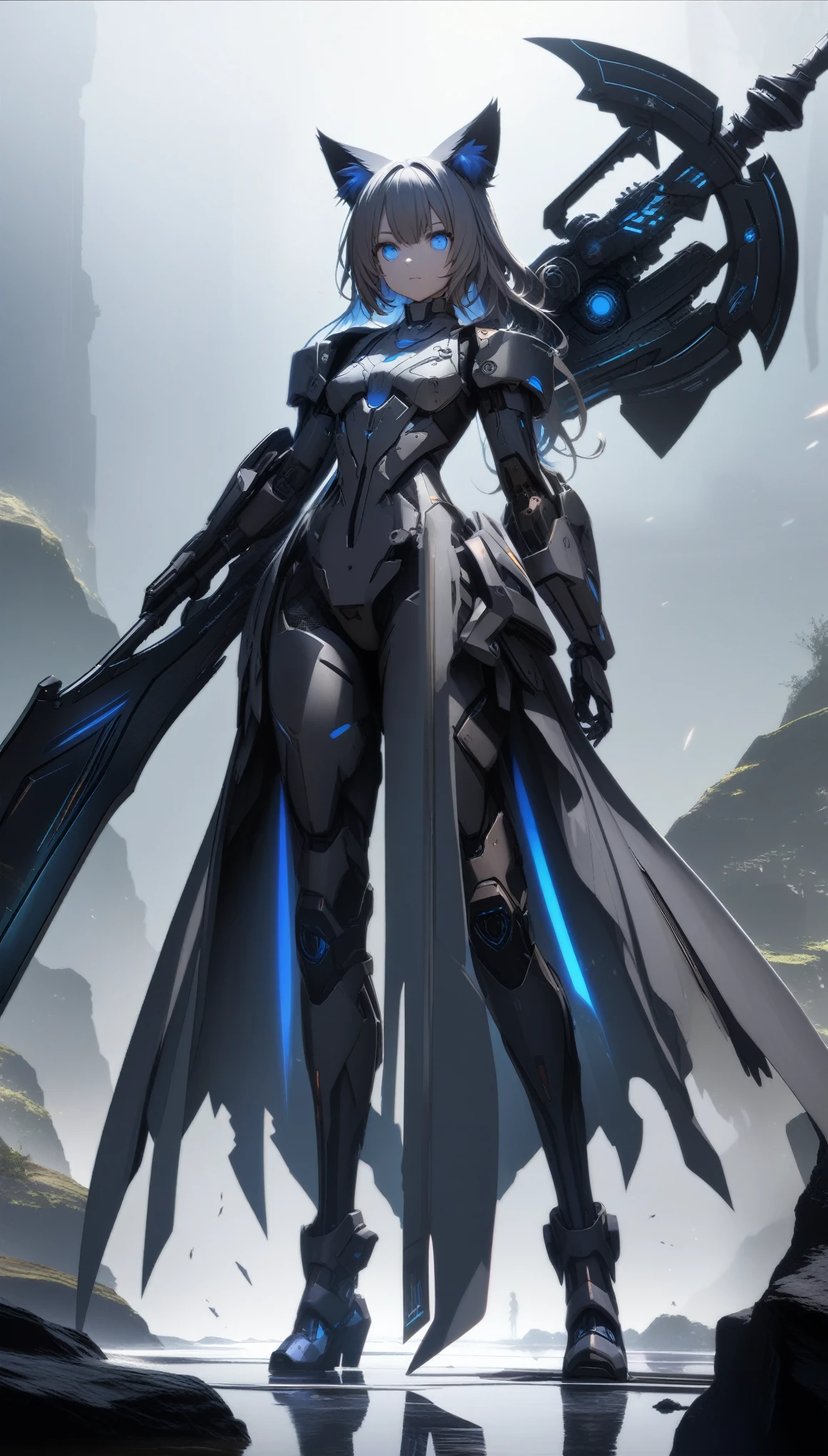 32k, best quality, ultra high res, HDR, UHD, extremely detailed CG, unity 32k wallpaper, A dark, futuristic, silhouetted figure of a girl with cat ears and a long, flowing coat, holding a massive scythe with a mechanical cat integrated into the blade, standing on a reflective surface with a minimalist, light gray background. --ar 4:3 --stylize 600 --niji 6,