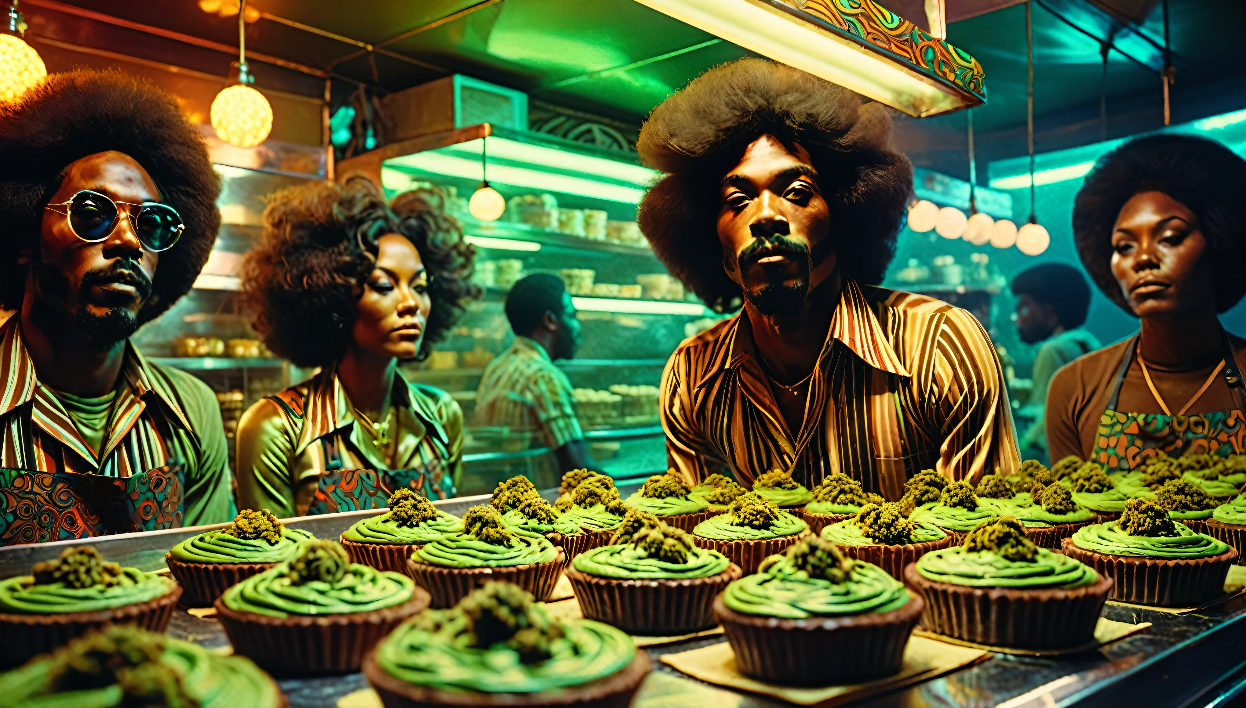 1970s psychedelic marijuana bakery, African-American people, 35mm, atmospheric perspective, depth of field, cinematic lighting, reflection light, backlighting, masterpiece, anatomically correct, textured skin, super detail