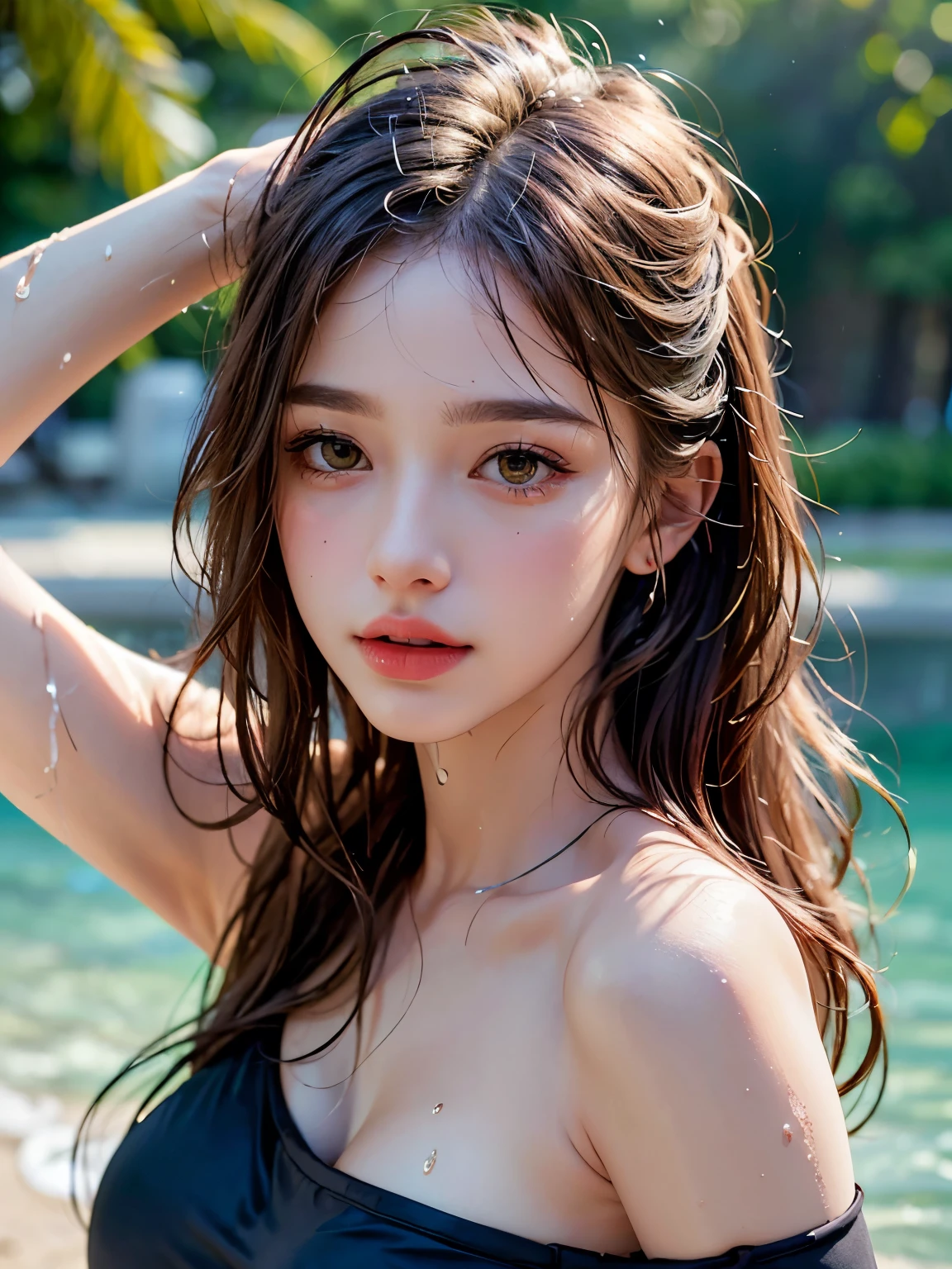 Taking a water shower, Brush your hair back, Black Swimsuit, Long Hair, highest quality, masterpiece, Ultra-high resolution, (Realistic:1.4), RAW Photos, One Girl, Off the shoulder, In the Dark, Deep Shadow, Moderate, Golden Ratio, 20-year-old,Cute Face, Slightly larger breasts, (head shot:1.5), Wet Hair