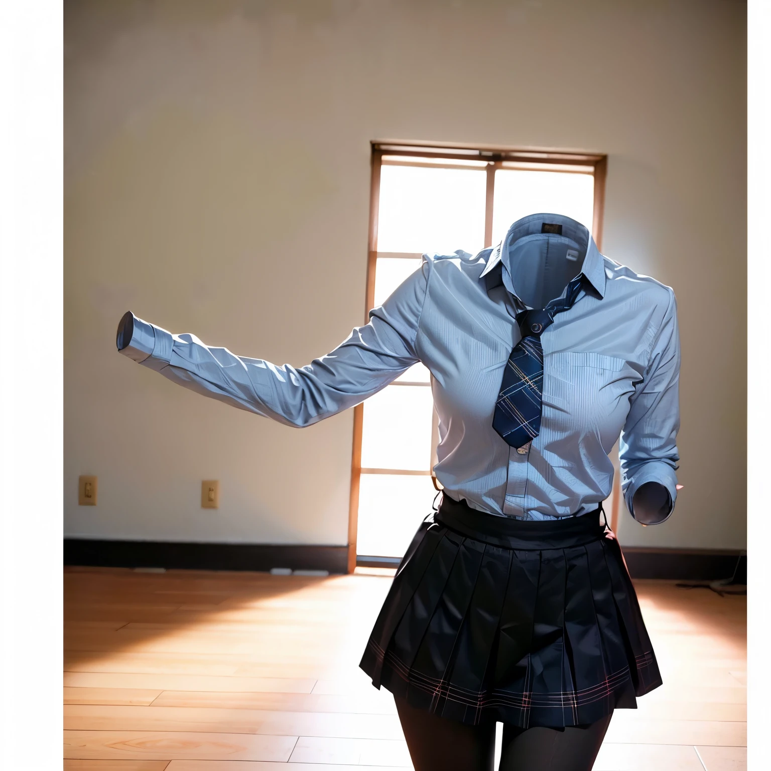 Classroom, long sleeve, white shirts, blue stripe tie, dark grey skirt, school tie, (sexy cute pose), (invisible, no humans, headless, faceless:1.5), (cute big breasts), (close-up shot of breasts), photon mapping, radiosity physically-based rendering