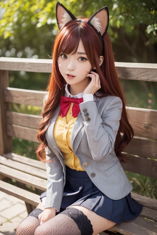 School grounds、Sitting on a bench、Beautiful high school girls 1.5、(((The tail is protruding))、High school girl uniform 1.5、Fishnet tights、Garter Stockings、(Pale yellow blazer uniform、Woman in a grey miniskirt 1.5)、Large breasts、The nipples are erect、Open your mouth wide 1.2)、A nice build of medium build、Red collar 1.5、Nice body 1.5))、(I have long hair、Loose Curly Hair、Red Hair 1.5、Cat Ears、Long fox tail 1.5)、Full Body Shot