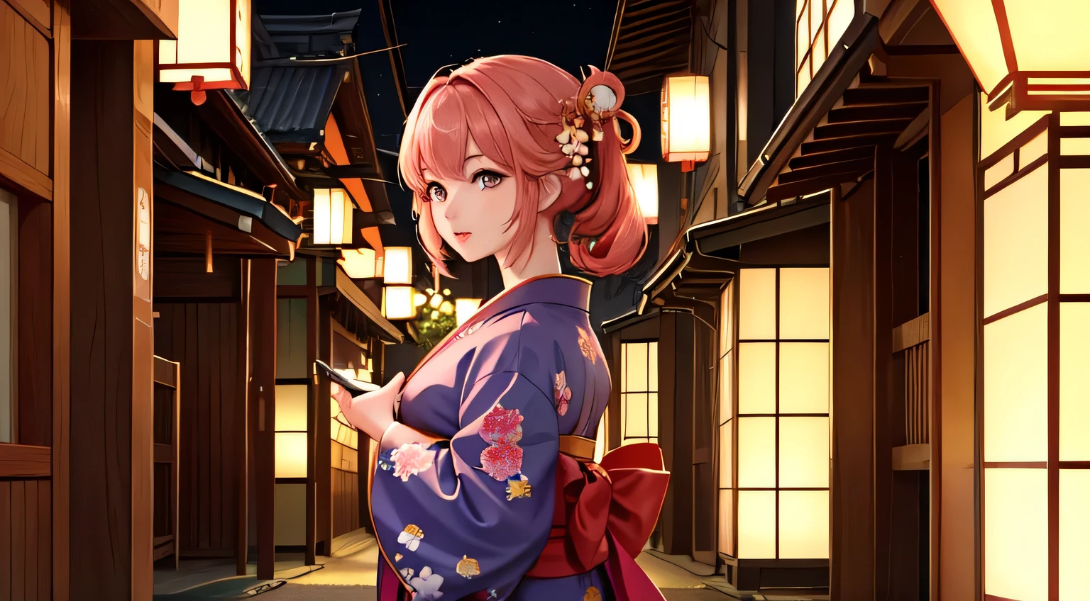 In the background, a Japanese streetscape with faint lanterns is depicted.、In the foreground is a woman in gorgeous traditional Japanese clothing.。her hair is pink、Gorgeous hair ornament(Red and green flowers、Golden ornament)I'm wearing。Her eyes are gold and red、Her eyes are highlighted with bright pink eyeshadow.。Her lips turned red、slightly shiny。The woman is holding a long, thin tobacco pipe in one hand.(Kiseru)Have、Looking towards the camera。The kimono features traditional floral patterns.、The overall atmosphere is fantastic and beautiful.。