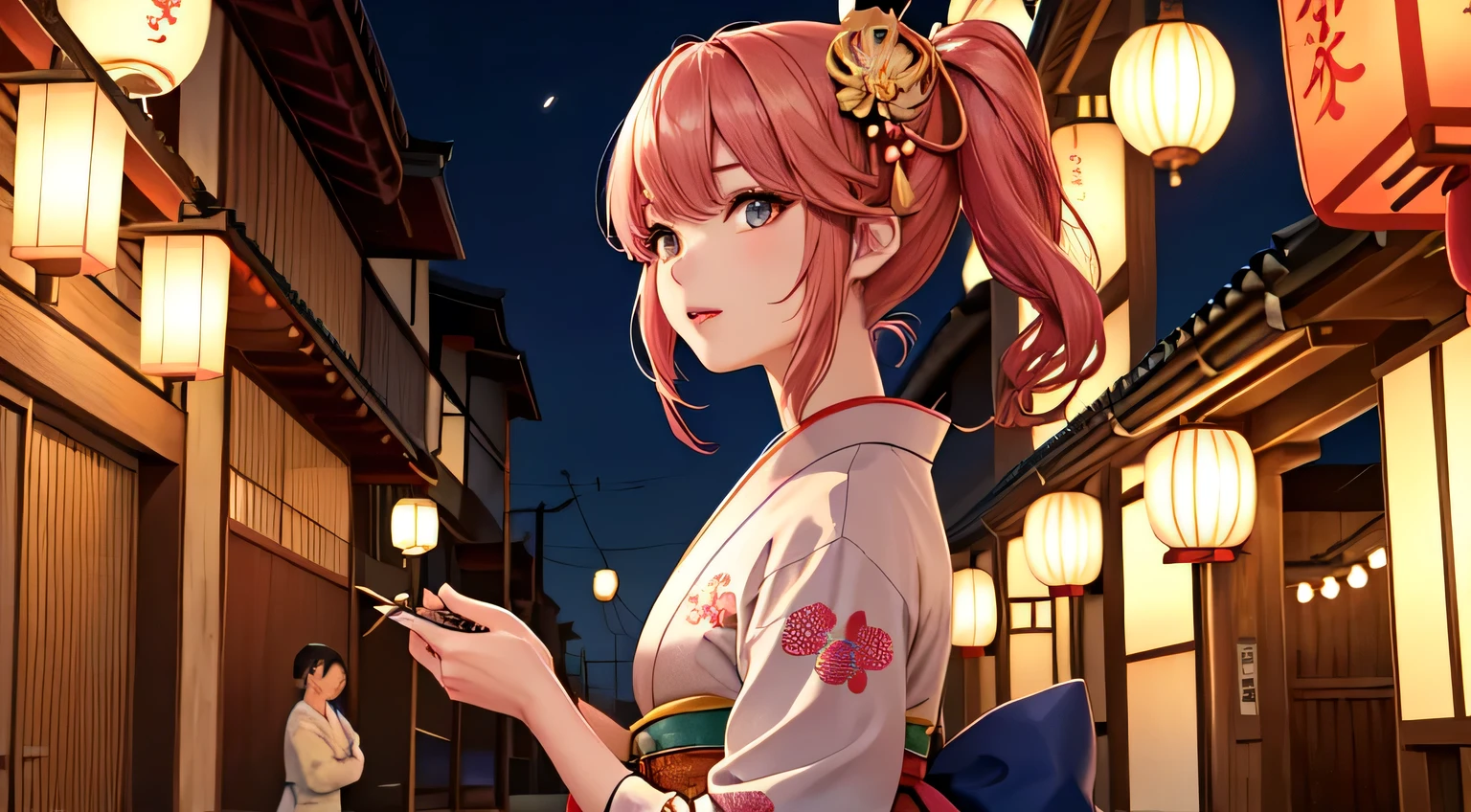 In the background, a Japanese streetscape with faint lanterns is depicted.、In the foreground is a woman in gorgeous traditional Japanese clothing.。her hair is pink、Gorgeous hair ornament(Red and green flowers、Golden ornament)I'm wearing。Her eyes are gold and red、Her eyes are highlighted with bright pink eyeshadow.。Her lips turned red、slightly shiny。The woman is holding a long, thin tobacco pipe in one hand.(Kiseru)Have、Looking towards the camera。The kimono features traditional floral patterns.、The overall atmosphere is fantastic and beautiful.。