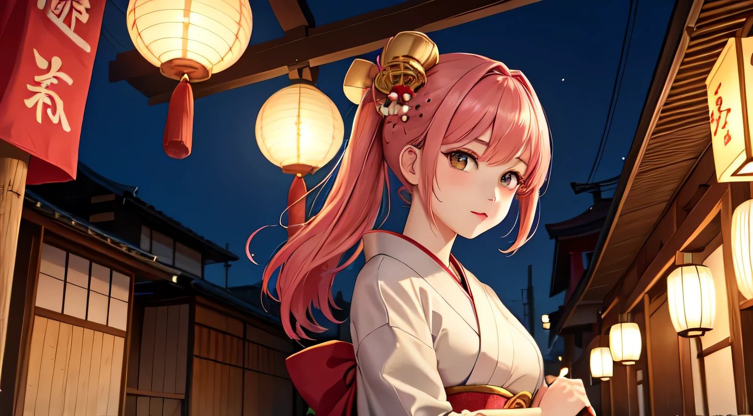 In the background, a Japanese streetscape with faint lanterns is depicted.、In the foreground is a woman in gorgeous traditional Japanese clothing.。her hair is pink、Gorgeous hair ornament（Red and green flowers、Golden ornament）I&#39;m wearing。Her eyes are gold and red、Her eyes are highlighted with bright pink eyeshadow.。Her lips turned red、slightly shiny。The woman is holding a long, thin tobacco pipe in one hand.（Kiseru）Have、Looking towards the camera。The kimono features traditional floral patterns.、The overall atmosphere is fantastic and beautiful.。