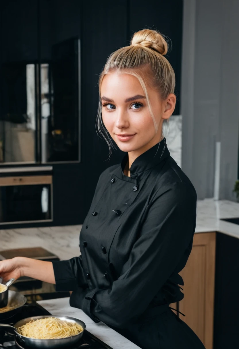 an eye contact of a blond with bun hair and dark theme , in kitchen room and cooking the girl confidance vibe face , background clear