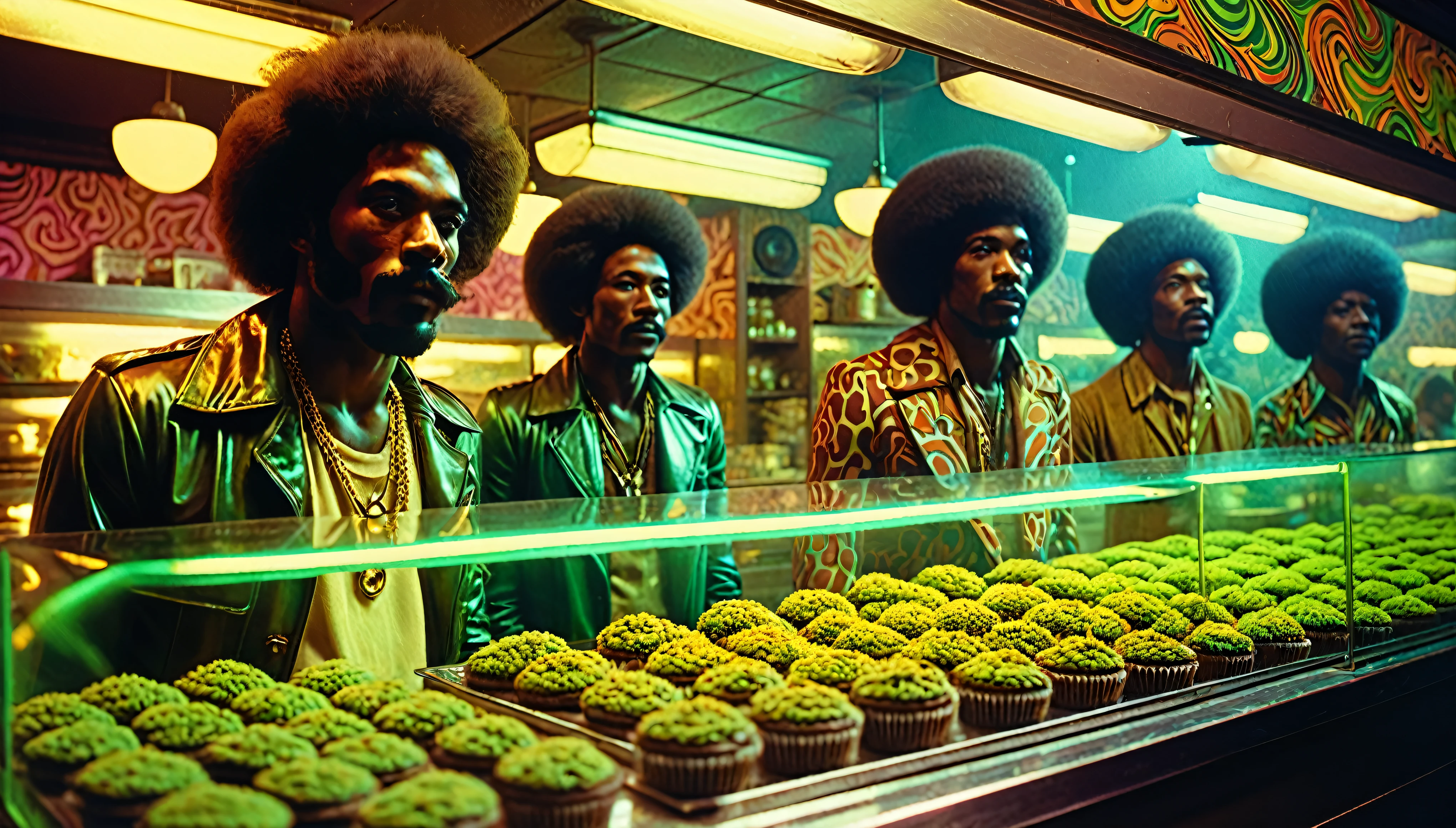 1970s psychedelic marijuana bakery, African-American people, 35mm, atmospheric perspective, depth of field, cinematic lighting, reflection light, backlighting, masterpiece, anatomically correct, textured skin, super detail