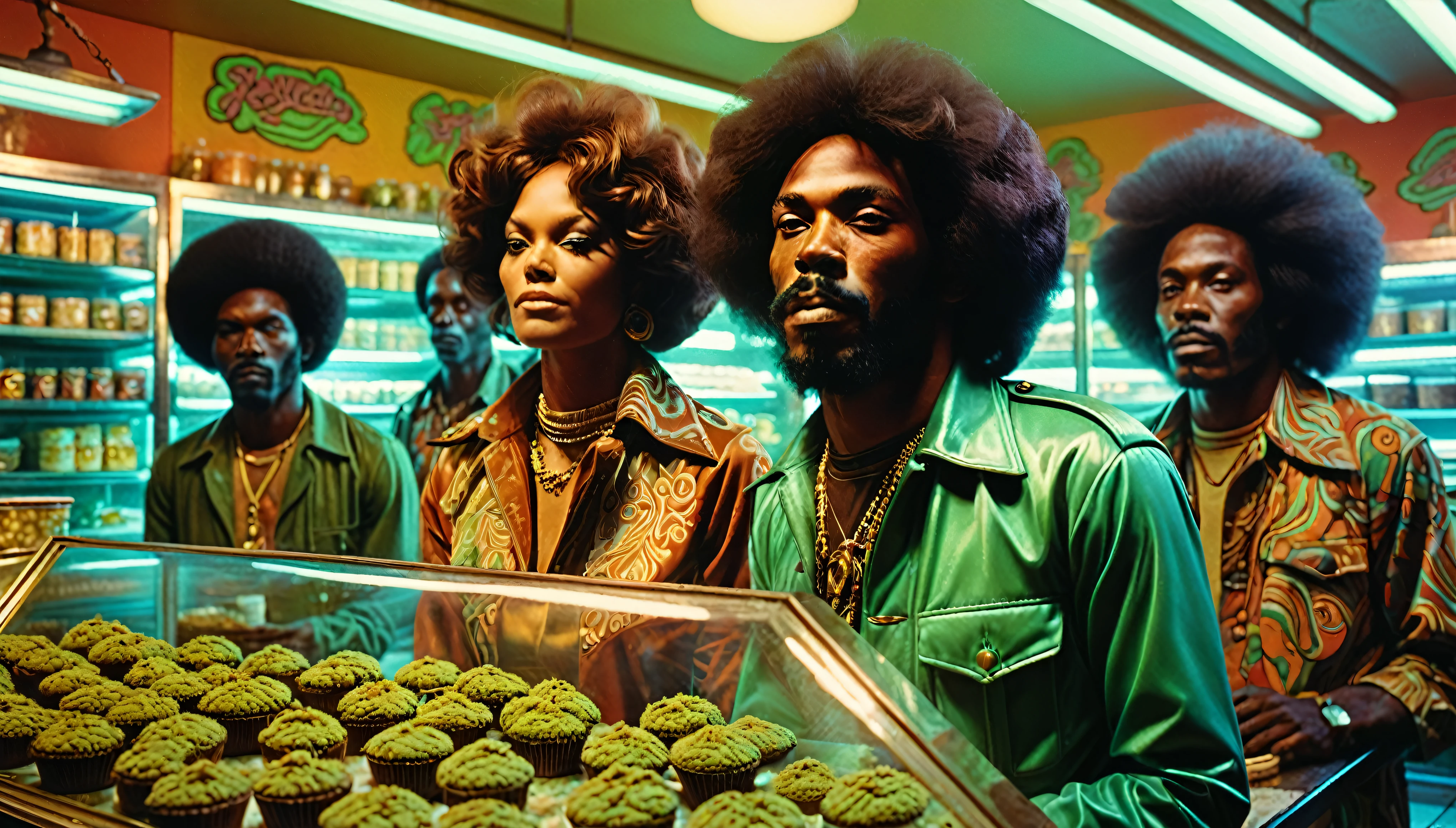 1970s psychedelic marijuana bakery, African-American people, 35mm, atmospheric perspective, depth of field, cinematic lighting, reflection light, backlighting, masterpiece, anatomically correct, textured skin, super detail