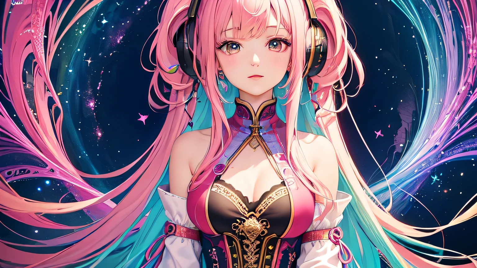 (masterpiece, highest quality, highest quality, Official Art, beautifully、aesthetic:1.2), (One girl), Very detailed,(Fractal Art:1.3),colorful,Most detailed、Pink rainbow hair、I have headphones on。
I'm working。computer。