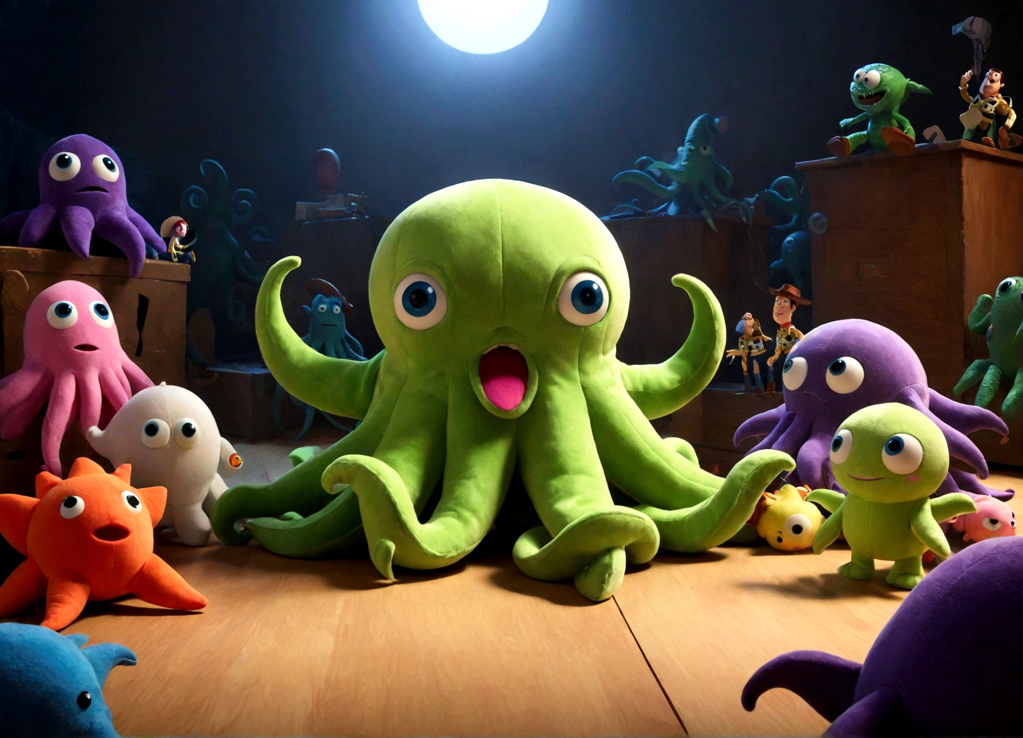 Pixar style plushy Cthulu rising from Andy's toybox to destroy the cast of Toy Story