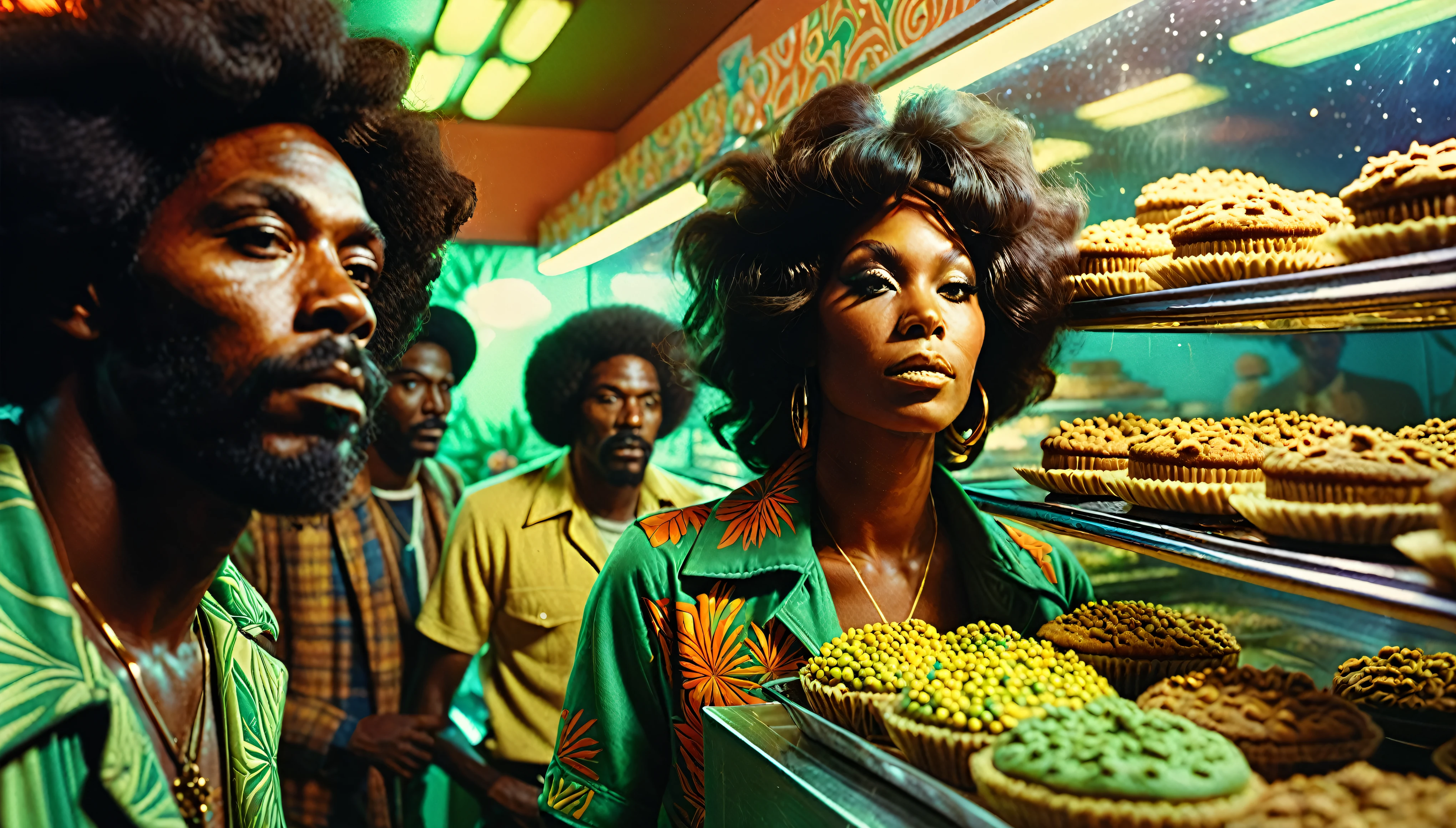 1970s psychedelic marijuana bakery, African-American people, 35mm, atmospheric perspective, depth of field, cinematic lighting, reflection light, backlighting, masterpiece, anatomically correct, textured skin, super detail