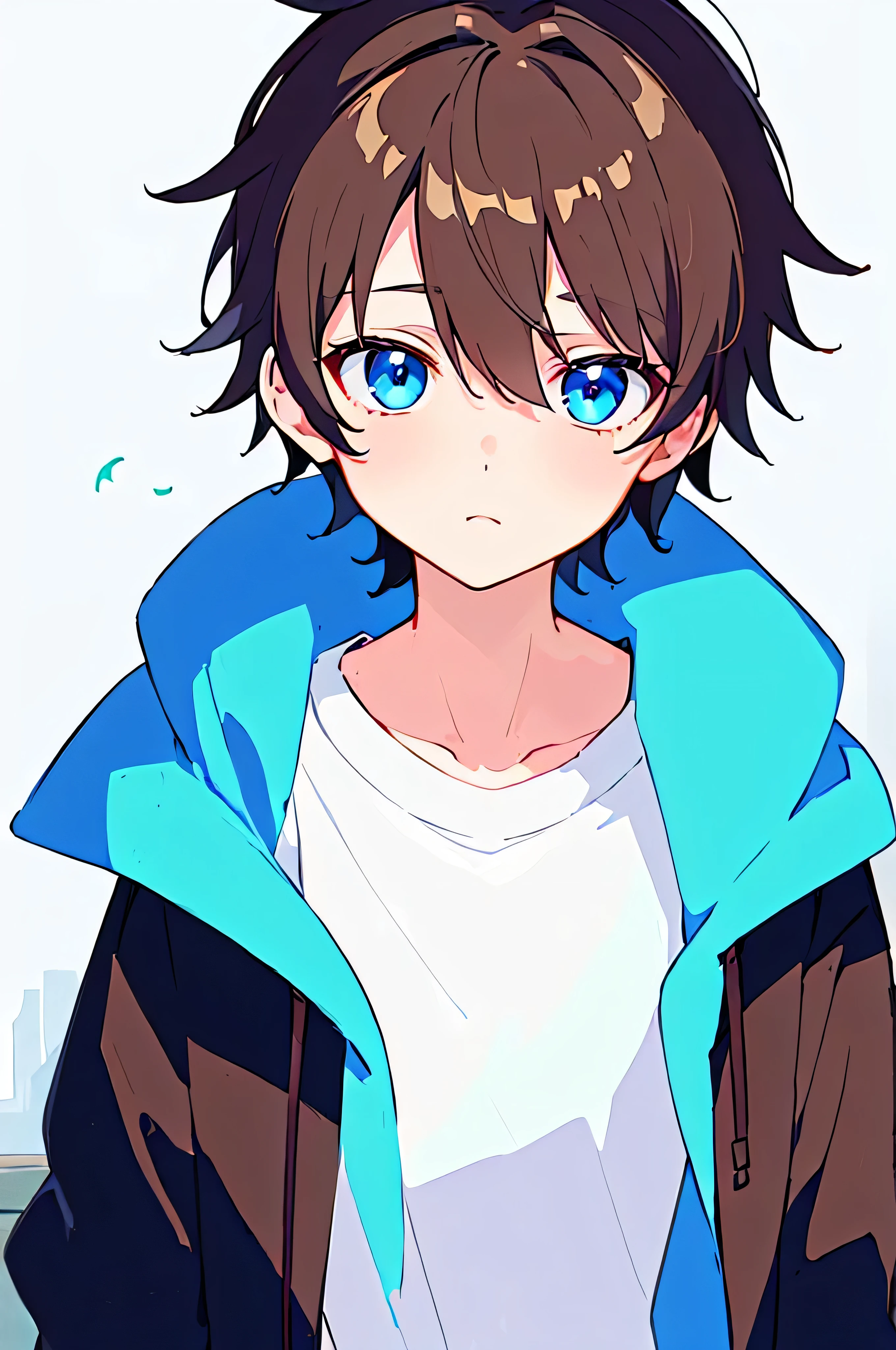 [(WHITE BACKGROUND:1.5),::5], ((((masterpiece)))), high quality, very_high_resolution, large_filesize, full color, Solo, (()), 13 old year, (men's short brown hair), vivid color, Blue eye, Black Parka, (upper body), ((anime style))
