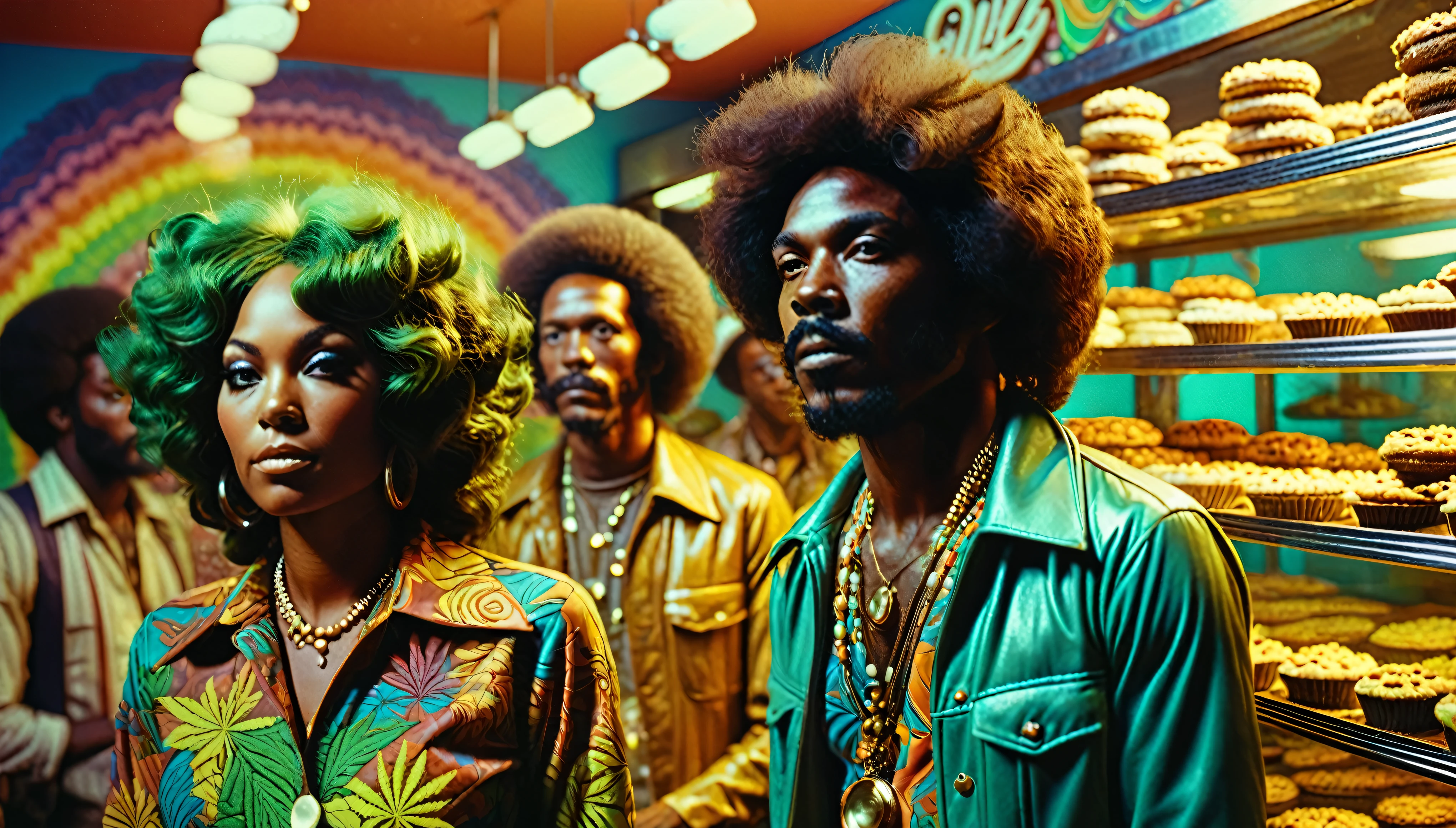 1970s psychedelic marijuana bakery, African-American people, 35mm, atmospheric perspective, depth of field, cinematic lighting, reflection light, backlighting, masterpiece, anatomically correct, textured skin, super detail