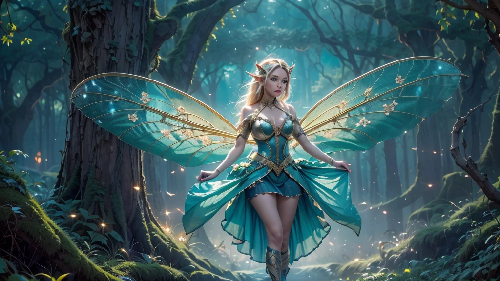 Beautiful faerie woman, elf ear, flying, hovering, floating, centered holographic dragonfly wings, balanced wings, glowing blue eyes, detailed realistic eyes, detailed proportional hand, manicured hands, four fingers on each hand, one thumb on each hand, detailed fingers, proportional fingers, proportional legs, proportional arms, proportional body, firm breast, silk tutu, magic glitter, oak tree forest, frank Frazzetta painting style, (Best Quality:1.4), (Ultra-detailed), (extremely detailed CG unified 8k wallpaper), Highly detailed, RAW Photos, Professional Photography, plein air, Illumination, (Super fancy photos:1.4), (Dazzling light), Radiant Photography, depth of fields,