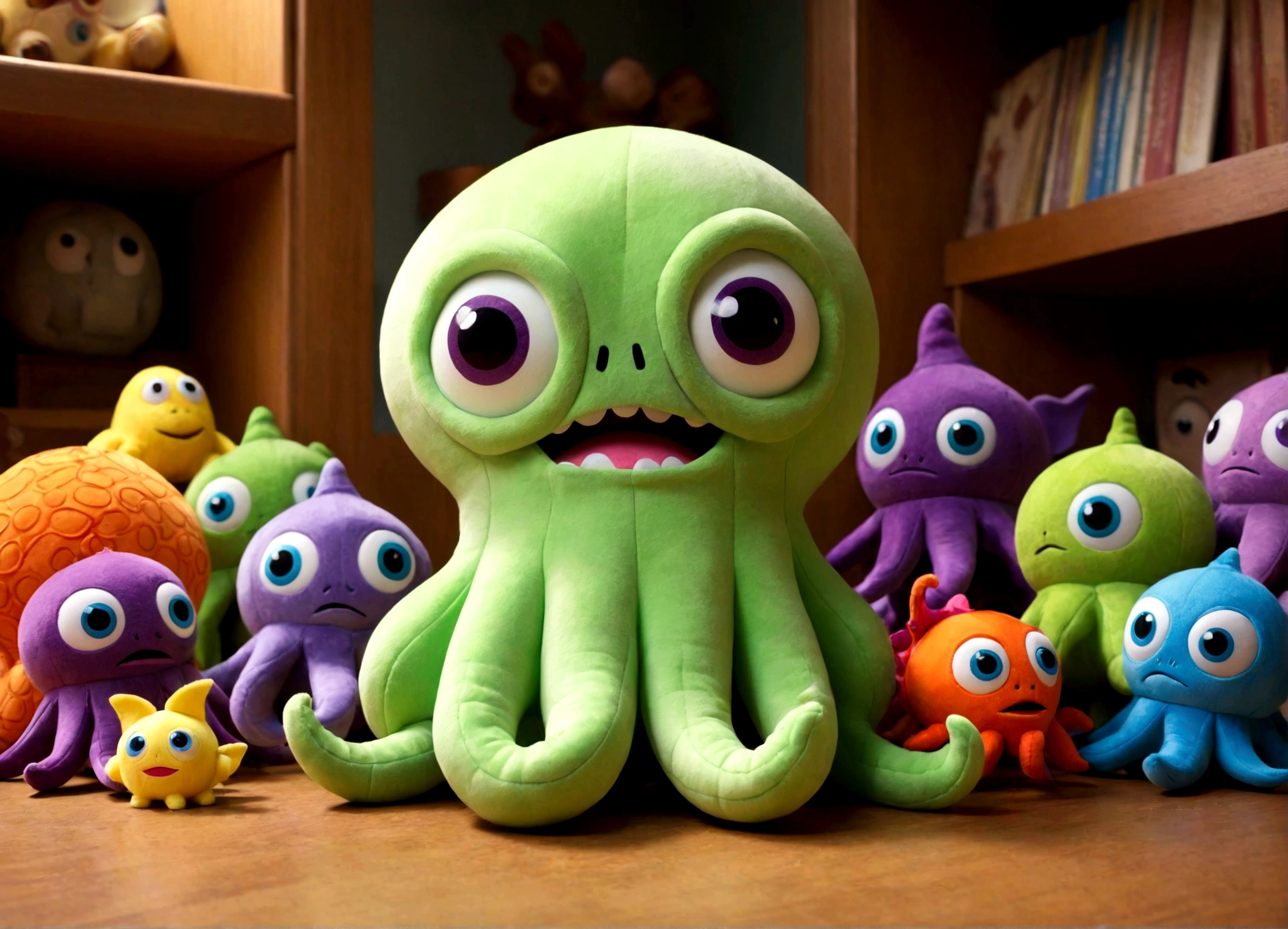 Pixar style plushy Cthulu rising from Andy's toybox to destroy the cast of Toy Story
