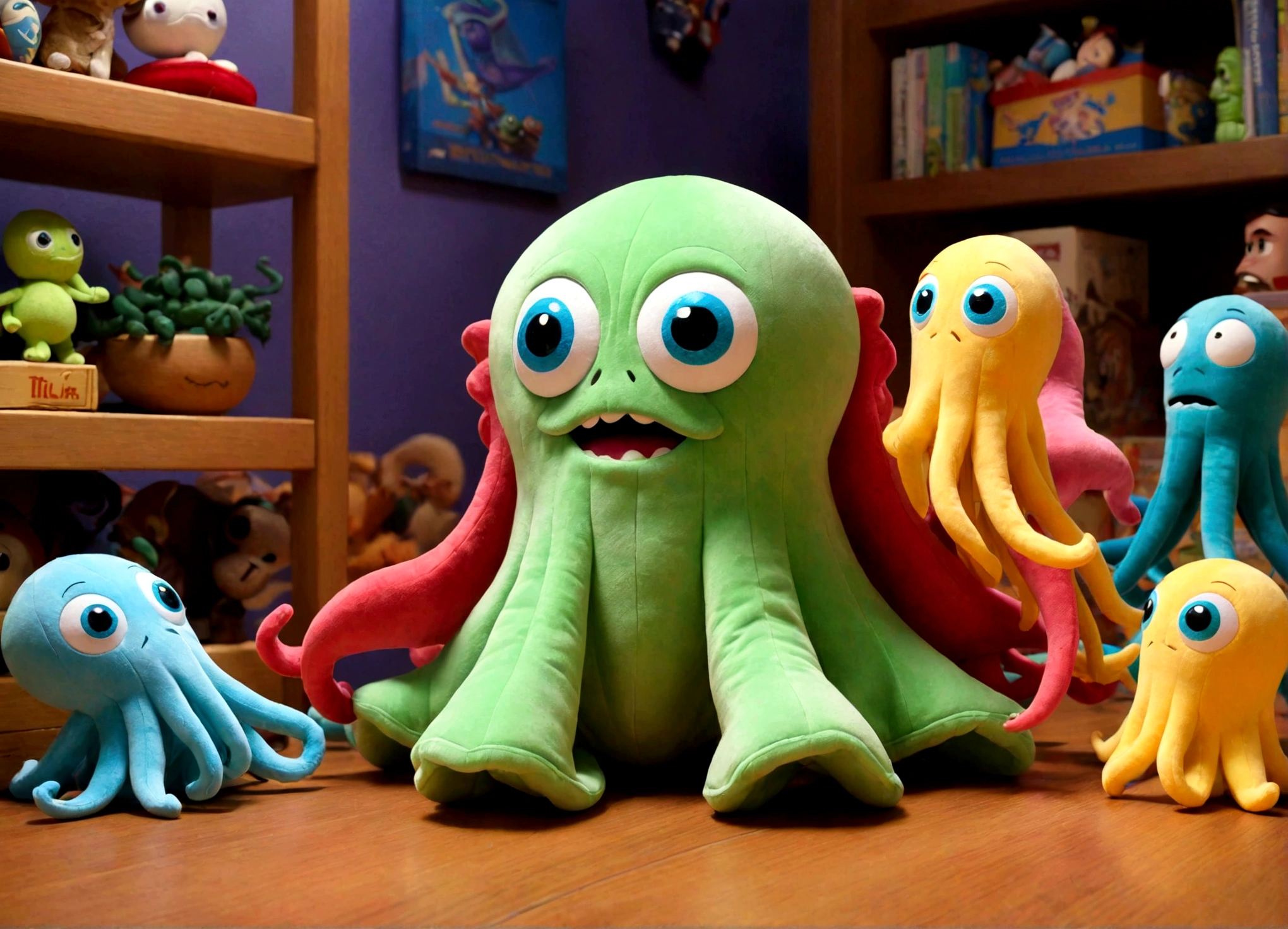 Pixar style plushy Cthulu rising from Andy's toybox to destroy the cast of Toy Story