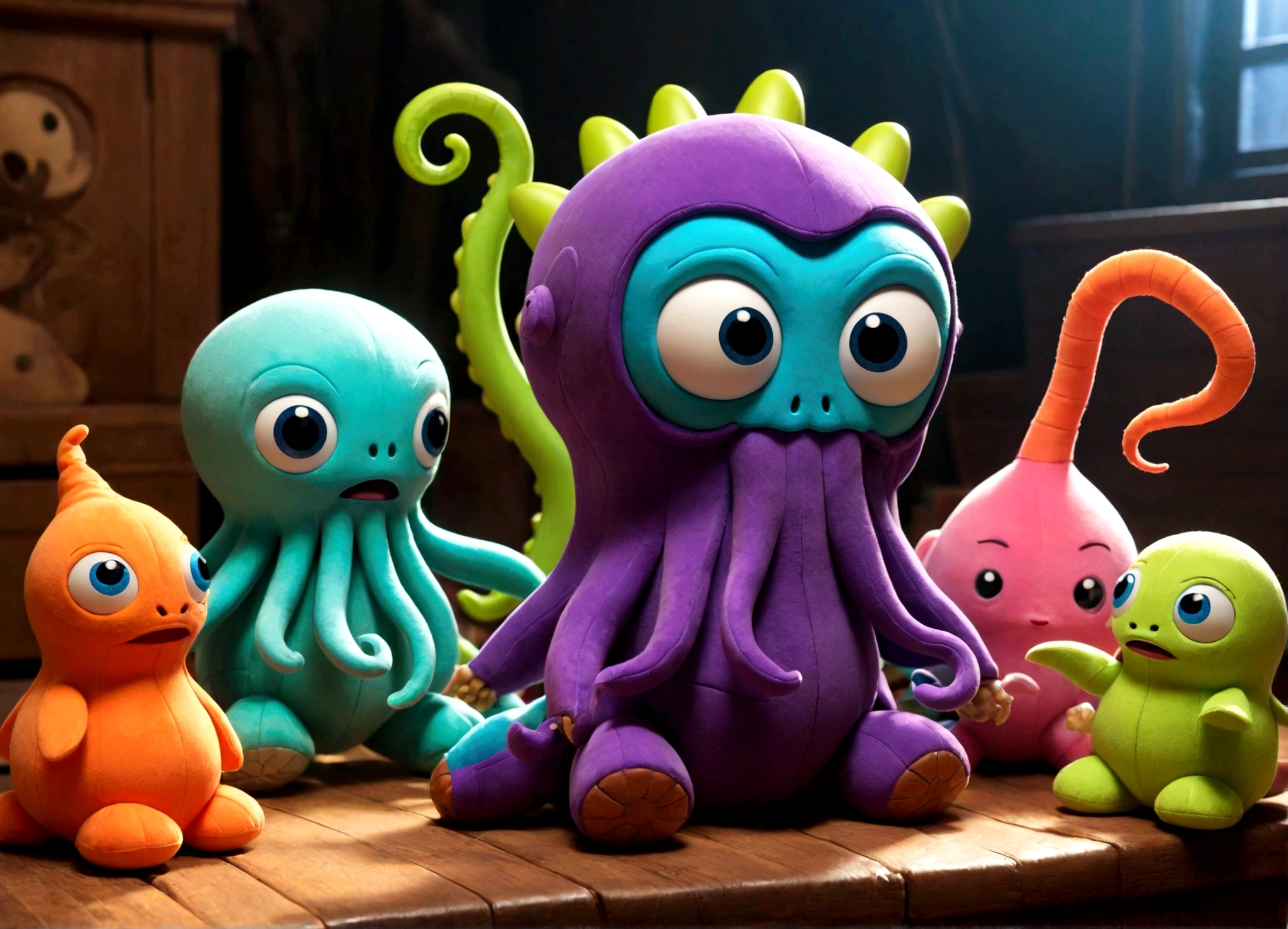 Pixar style plushy Cthulu rising from Andy's toybox to destroy the cast of Toy Story
