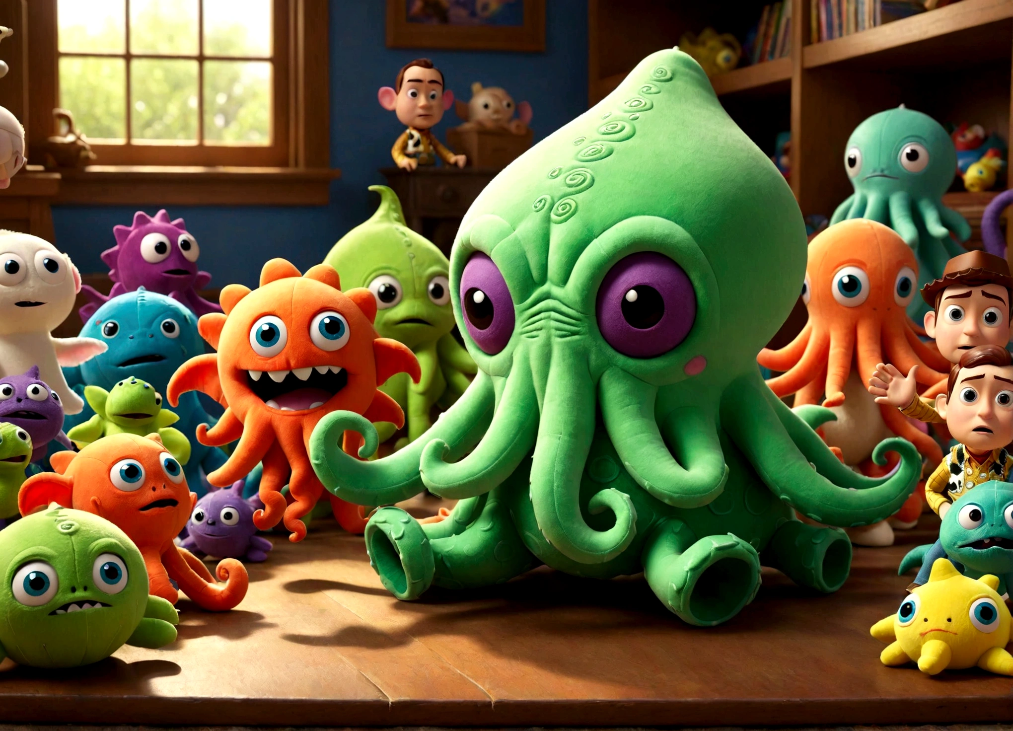 Pixar style plushy Cthulu rising from Andy's toybox to destroy the cast of Toy Story
