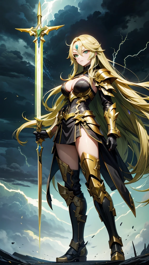 Beauty with green long hair ,Golden forehead protector,Japanese lightning totem black armor,cleavage,Bare Legs,iron boots,broadsword,Standing,dark clouds thunder and lightning