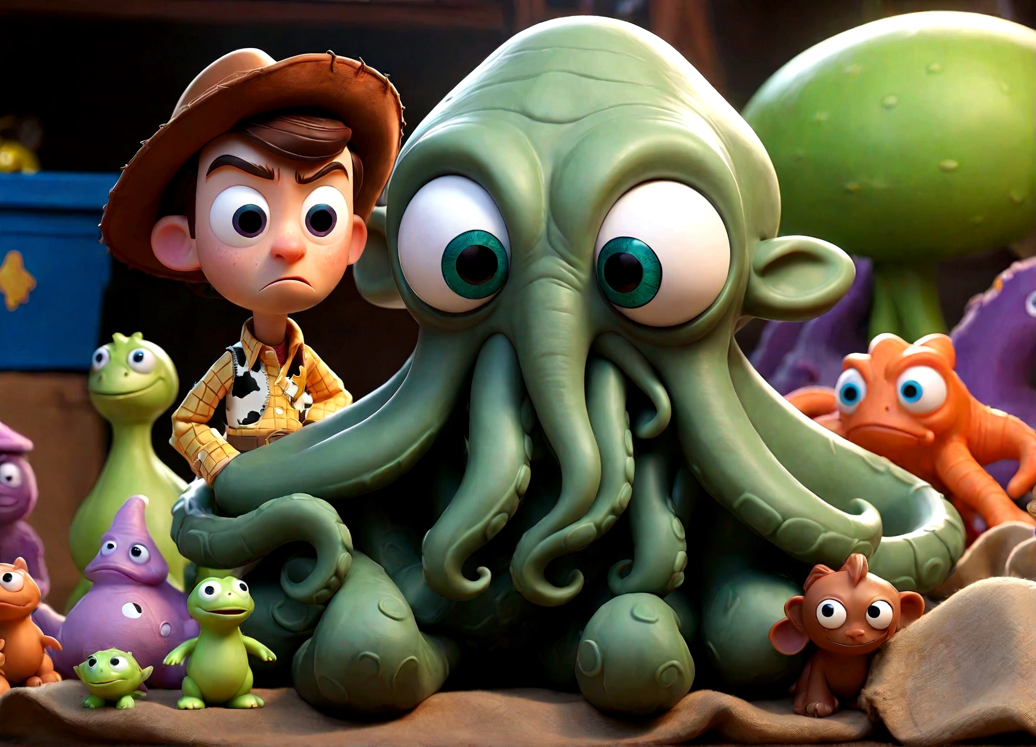 Pixar style plushy Cthulu rising from Andy's toybox to destroy the cast of Toy Story