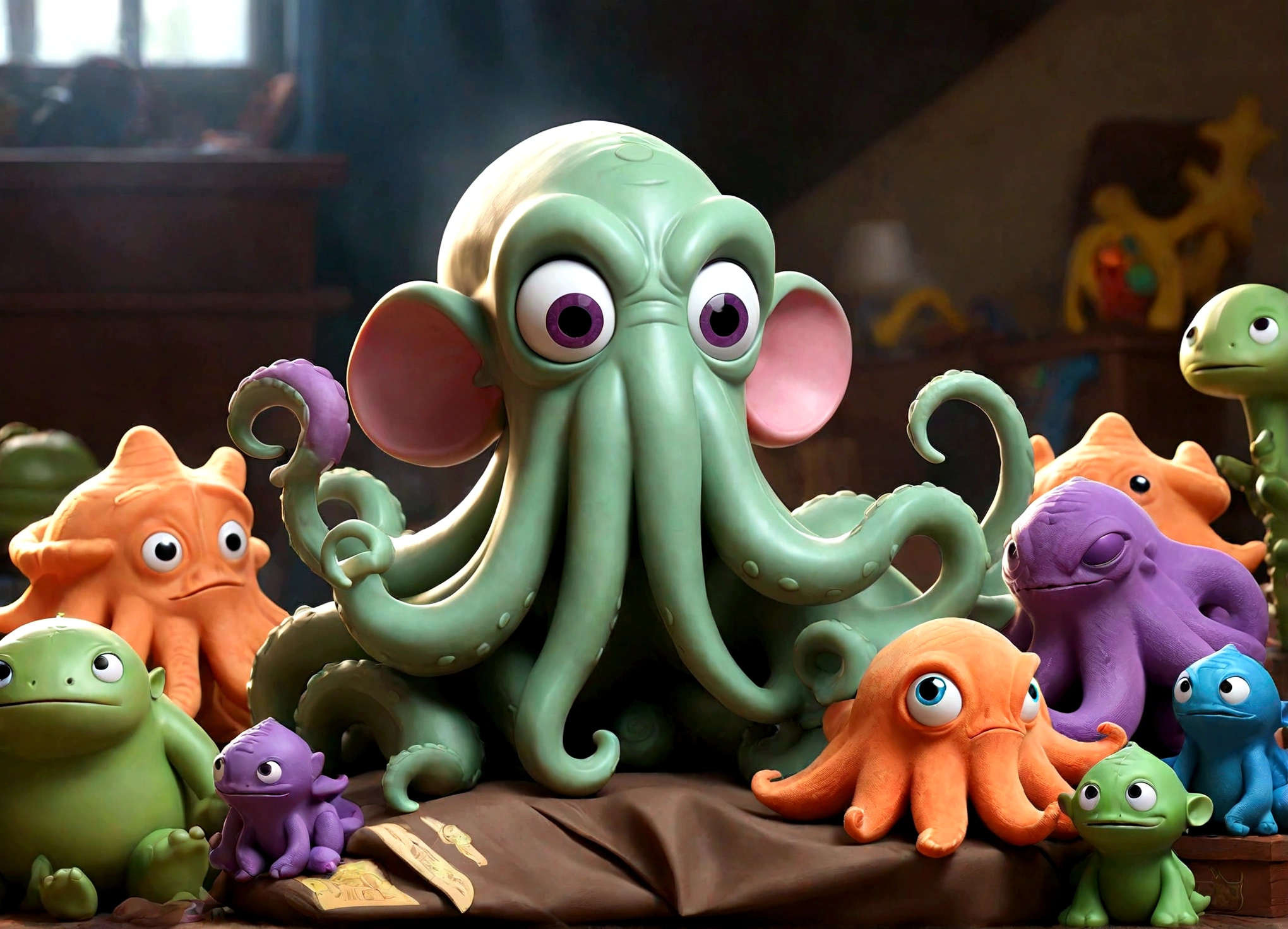 Pixar style plushy Cthulu rising from Andy's toybox to destroy the cast of Toy Story