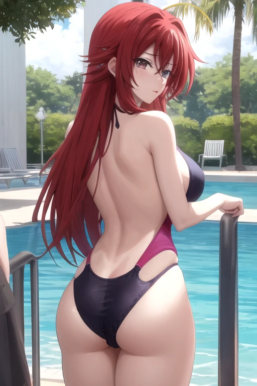 1chica, rias gremory, anime high school dxd, with full swimsuit, with one piece swimsuit with sexy thong, full swimsuit with purple thong vikini cut, de espaldas, Looking back,espalda bien detallada, trasero bien detallado, pezones marcados, marked nipples through the swimsuit, swimsuit tucked between the buttocks, vajina marcada, vagina marked through the swimsuit, cuerpo bien detallado, manos vien detalladas, alta calidad de imajen, 4k, pelirija,ojos azules, +18, sexi, poses sexys, apdomen definido, 