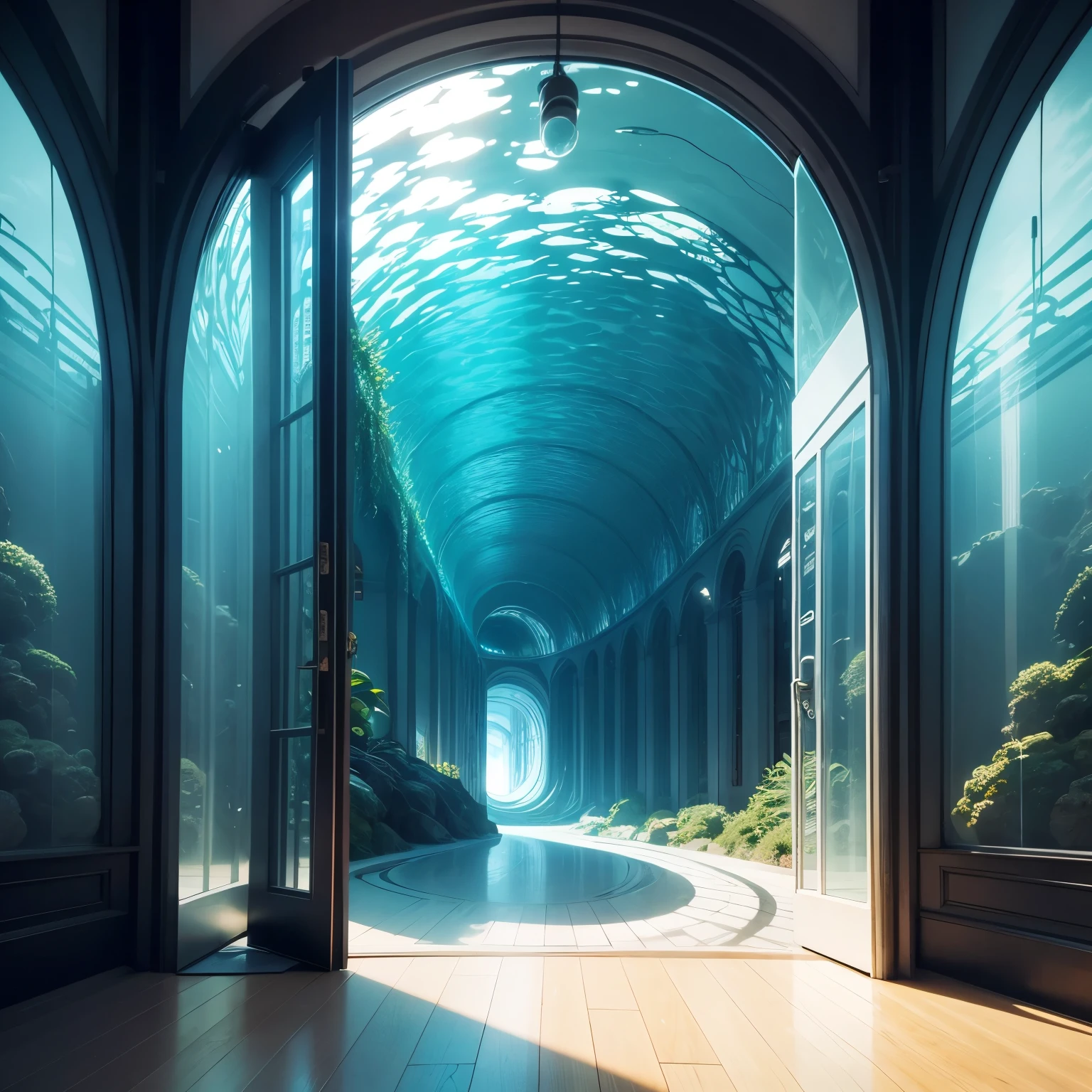 A glass tunnel with a facade，Deep Sea Tunnel