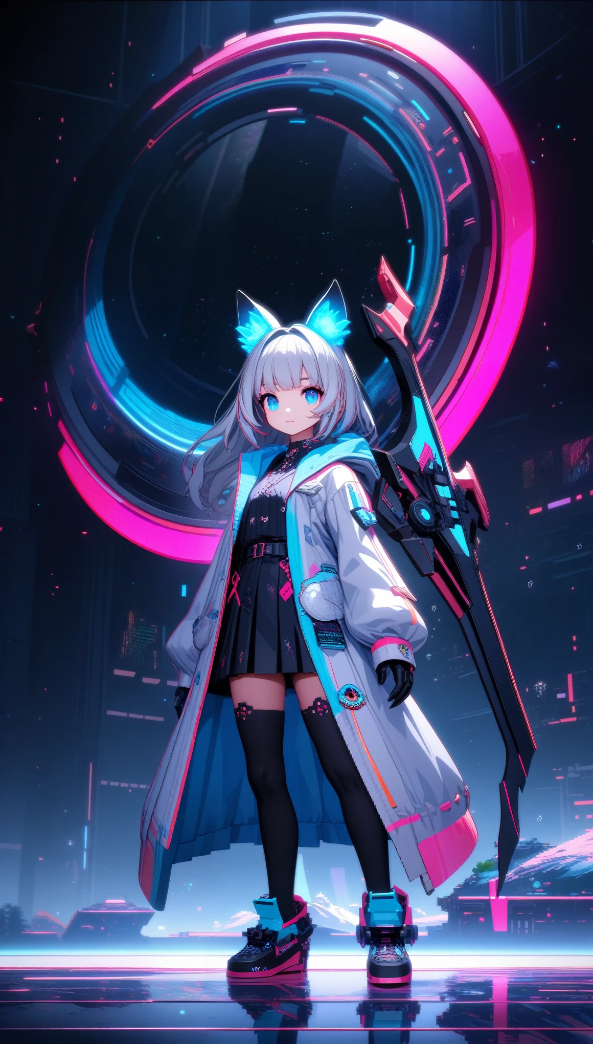 32k, best quality, ultra high res, HDR, UHD, extremely detailed CG, unity 32k wallpaper, A dark, futuristic, silhouetted figure of a girl with cat ears and a long, flowing coat, holding a massive scythe with a mechanical cat integrated into the blade, standing on a reflective surface with a minimalist, light gray background. --ar 4:3 --stylize 600 --niji 6, In a retro 3D pixel art style, the cute robot cat with big claws and large guns is depicted with blocky, pixelated shapes and limited color palettes, reminiscent of classic video game graphics. The design evokes a nostalgic feel, with simple yet charming character designs and environments. The background is a pixelated, retro-futuristic landscape with geometric shapes and bright colors, reminiscent of vintage arcade games. This high-quality, high-resolution artwork, ideal for 16k wallpaper and 32k HD HDR, captures the nostalgic appeal of retro 3D pixel art, enhanced by Unreal Engine for smooth animations and vibrant retro visuals,