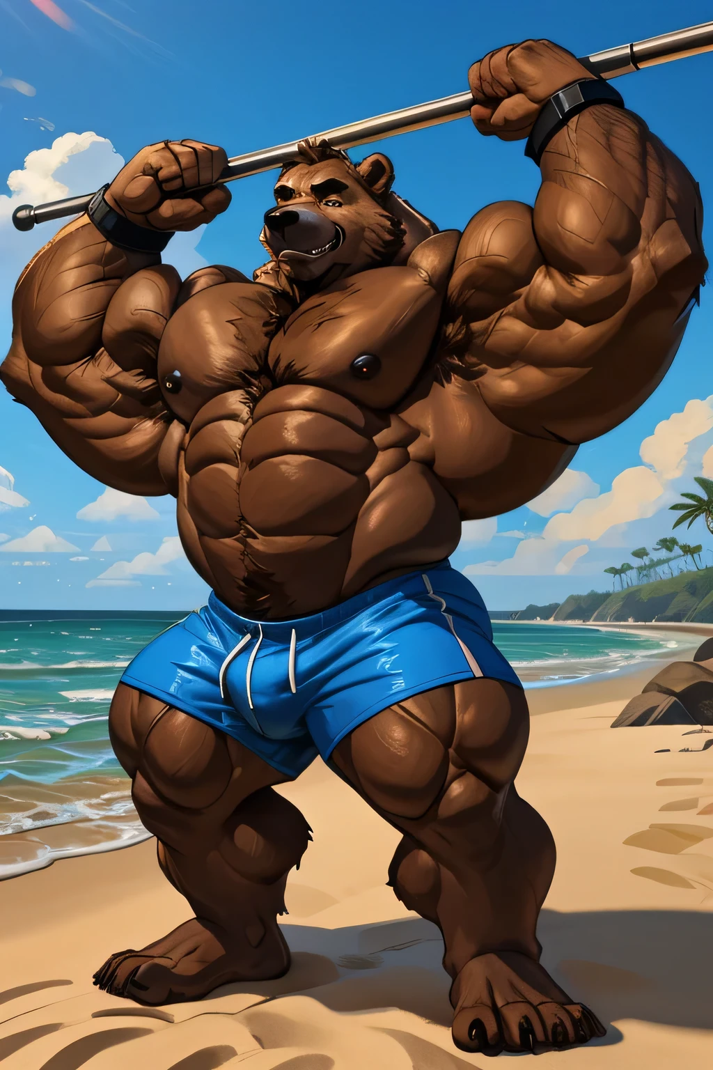 solo, 2boys, beach, size different, extremely huge muscular, massive muscular, grizzly bear, full-body, well-muscled, being shirtless in a black swim trunk shorts and black wristbands in beach. Working out. Doing chin-ups on the 5ft metal bars. Super strong. Super strength. ((extremely muscle size, super thick arms, huge back, thick brown fur, extremely wide back and shoulder, powerful strength, huge arms, pumping up)). and add details to make it attractive and interesting. Added eyes. Add textures and details to make the image more realistic, such as the appearance of the body-built texture and the appearance of the fur. Make sure the resulting image is high resolution, 8K quality.", simple background, masterpiece, high detailed, 8k, high resolution